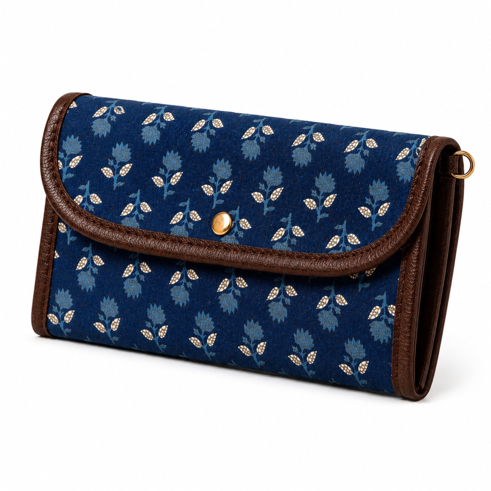 Women's Luxury Floral-Print Blue Canvas Clutch Wallet with Leather Trim