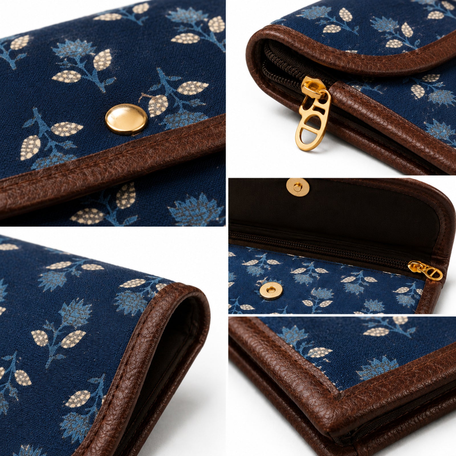 Women's Luxury Floral-Print Blue Canvas Clutch Wallet with Leather Trim
