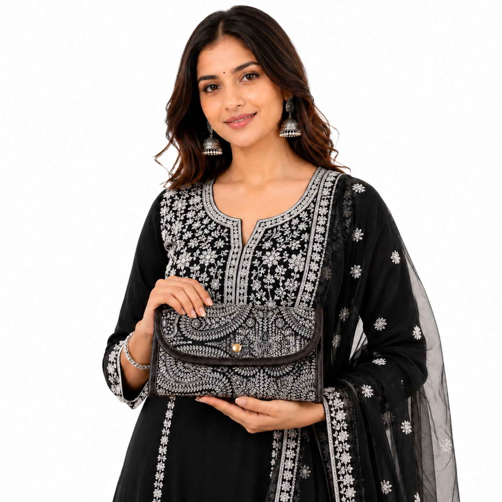 Women's Black Paisley Print Long Wallet | Elegant Ladies Clutch Wallet with Snap Button Closure