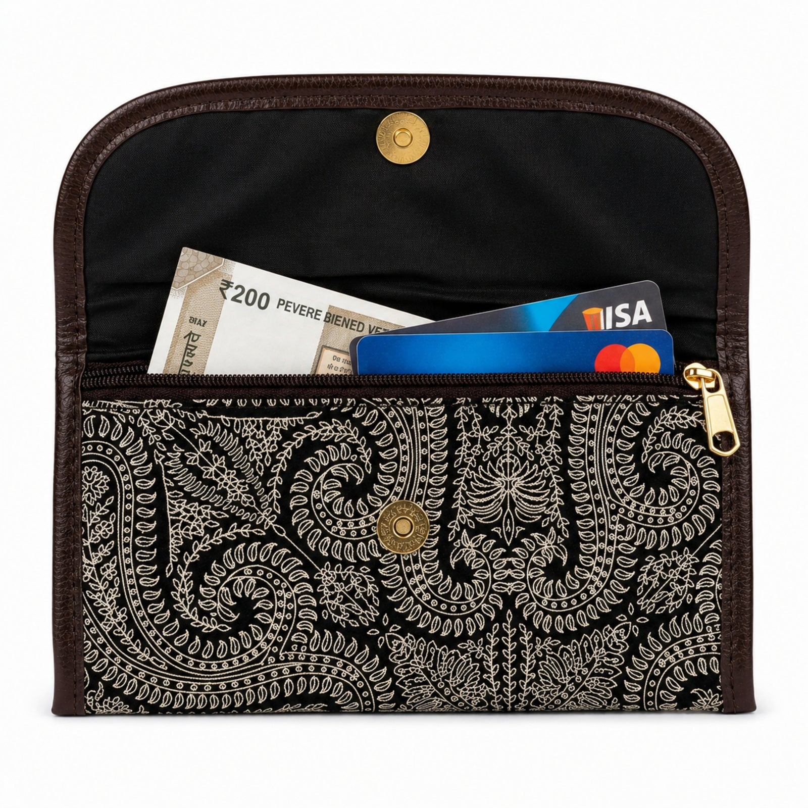 Women's Black Paisley Print Long Wallet | Elegant Ladies Clutch Wallet with Snap Button Closure