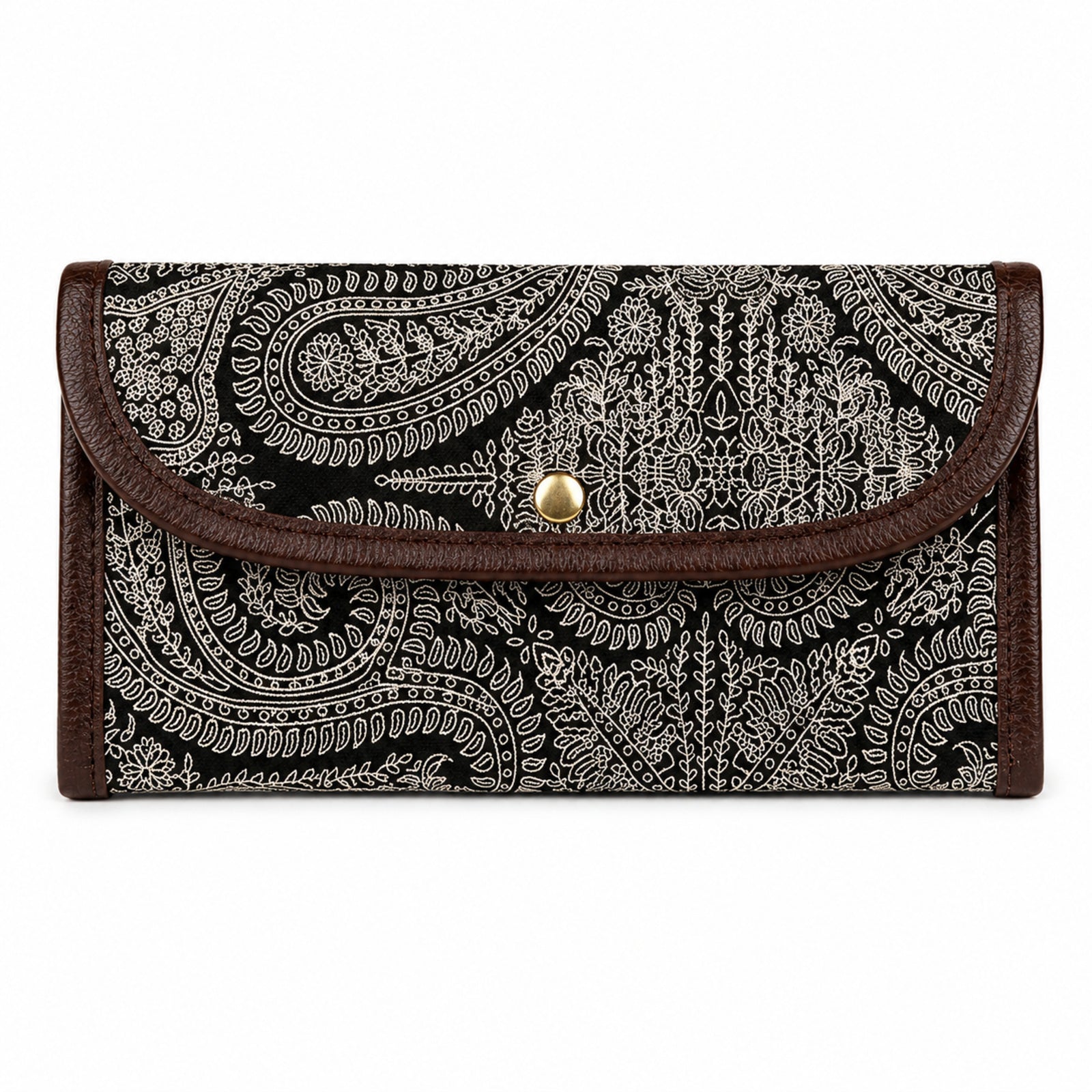 Women's Black Paisley Print Long Wallet | Elegant Ladies Clutch Wallet with Snap Button Closure