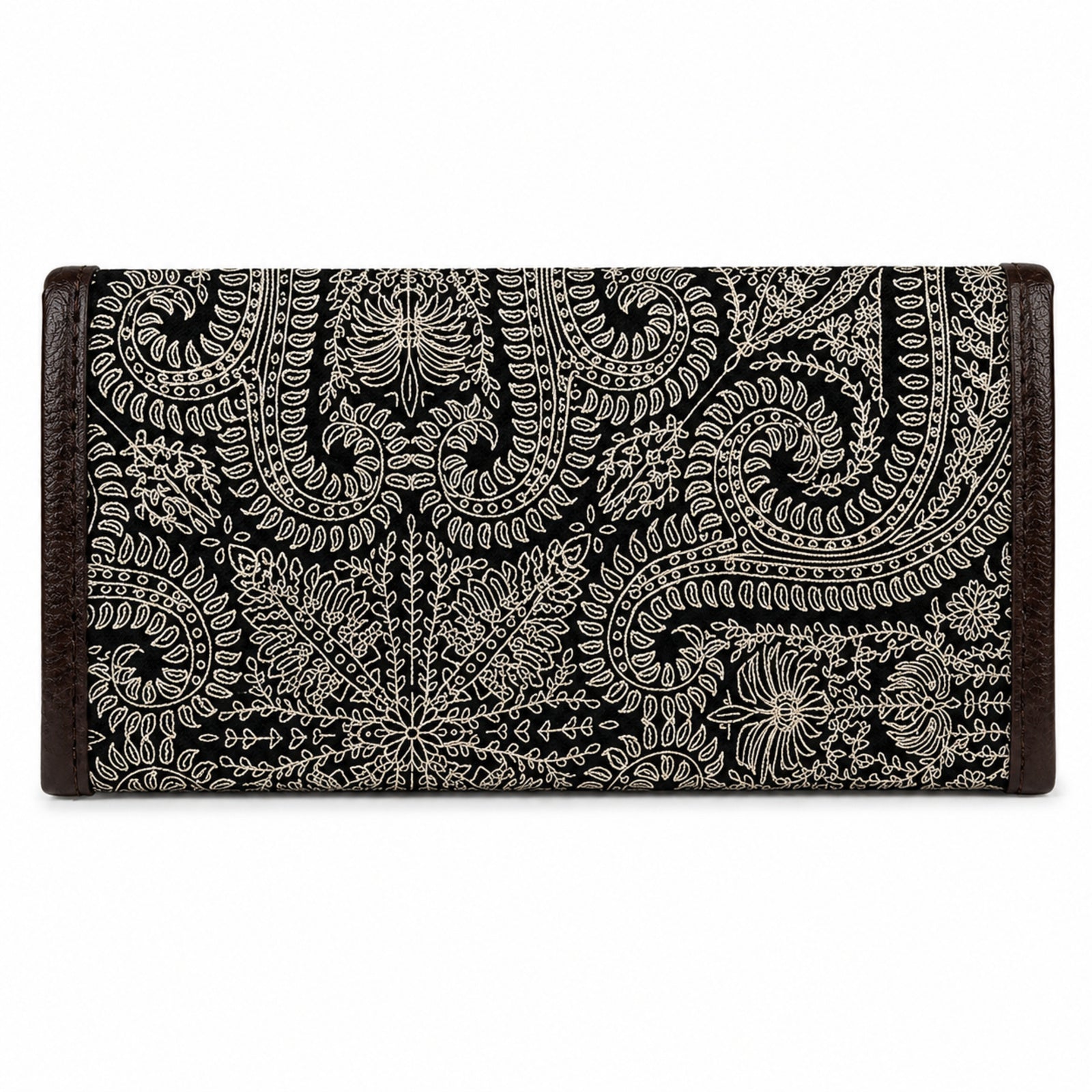 Women's Black Paisley Print Long Wallet | Elegant Ladies Clutch Wallet with Snap Button Closure