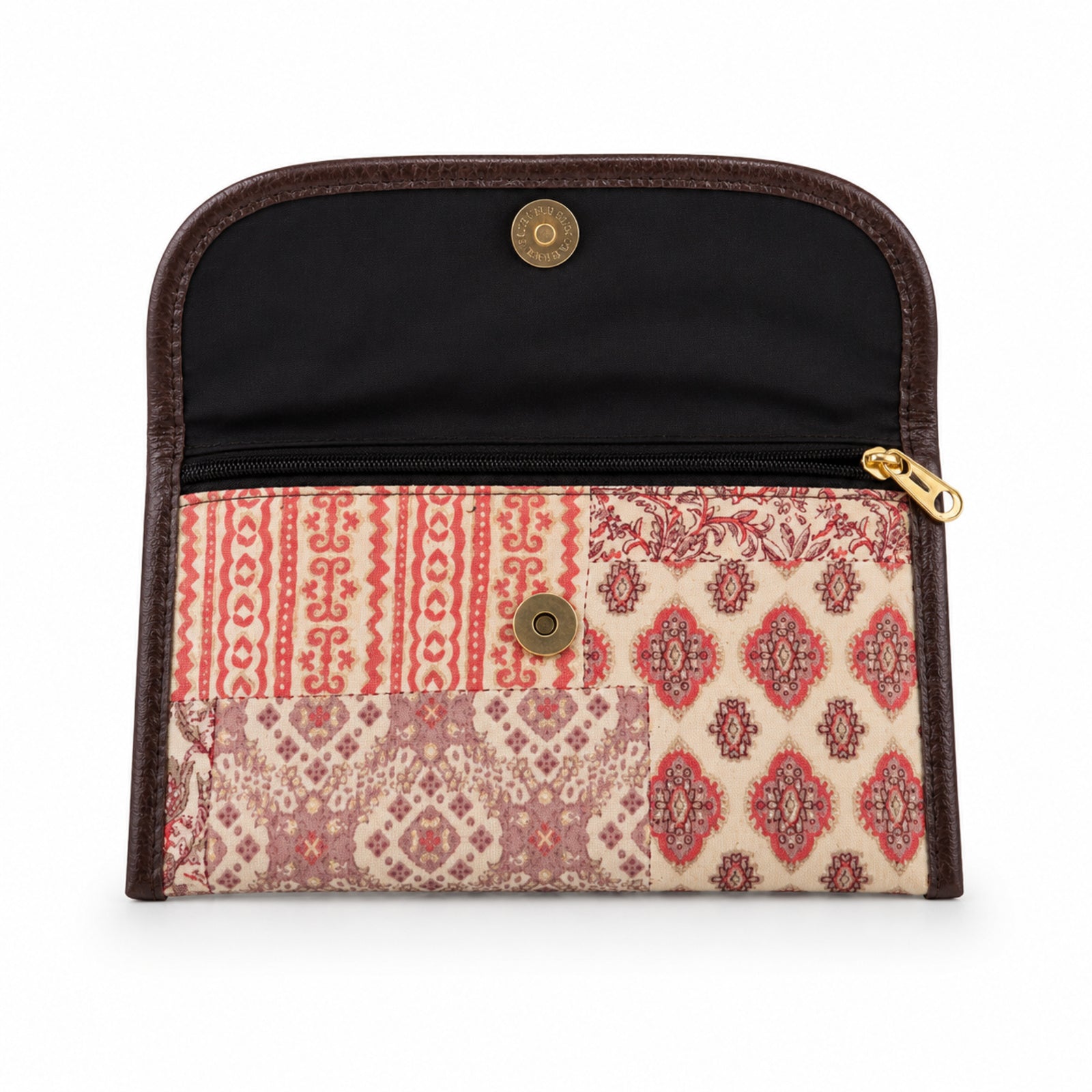 Women's Luxury Patchwork Peach Floral Envelope Clutch Wallet with Leather Trim