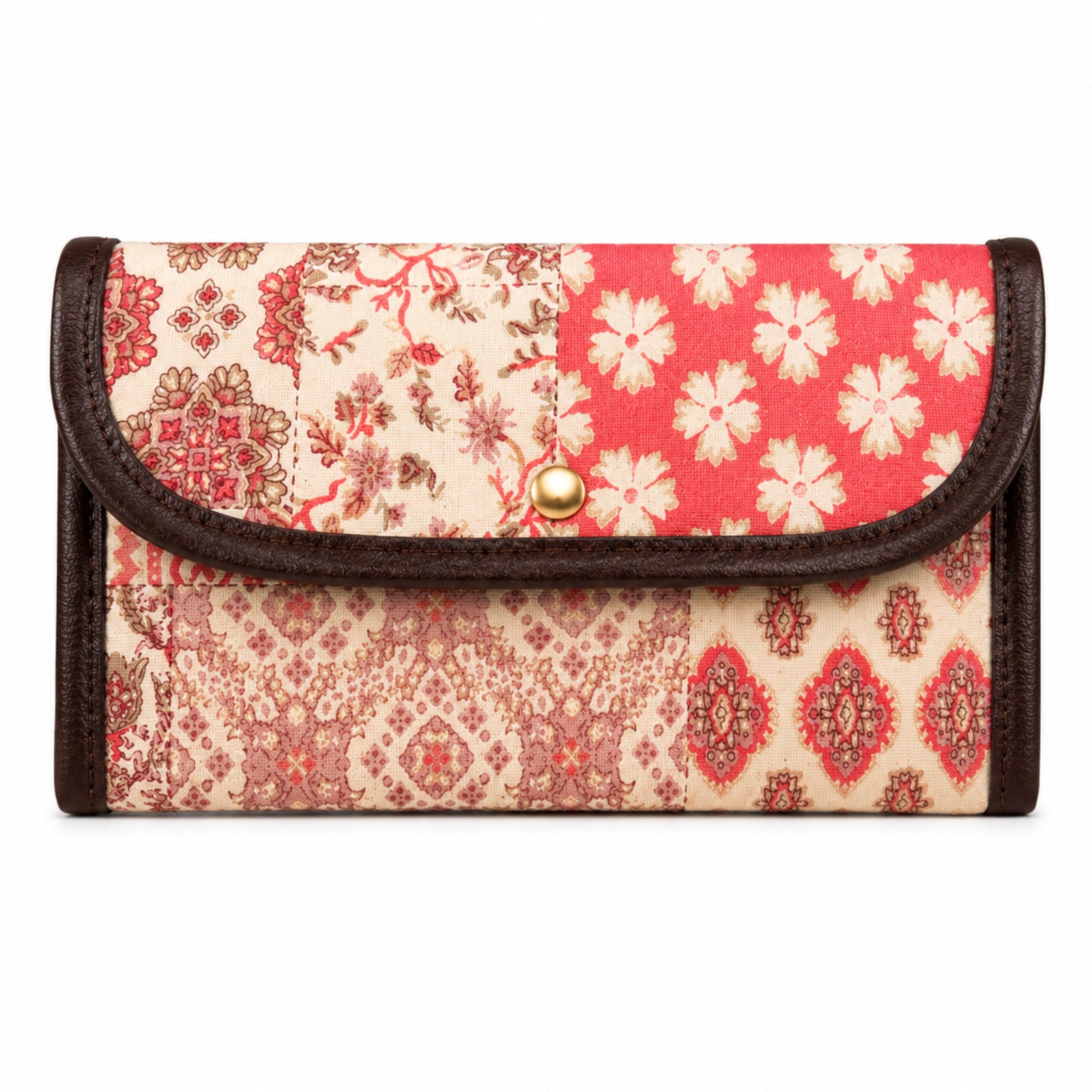 Women's Luxury Patchwork Peach Floral Envelope Clutch Wallet with Leather Trim