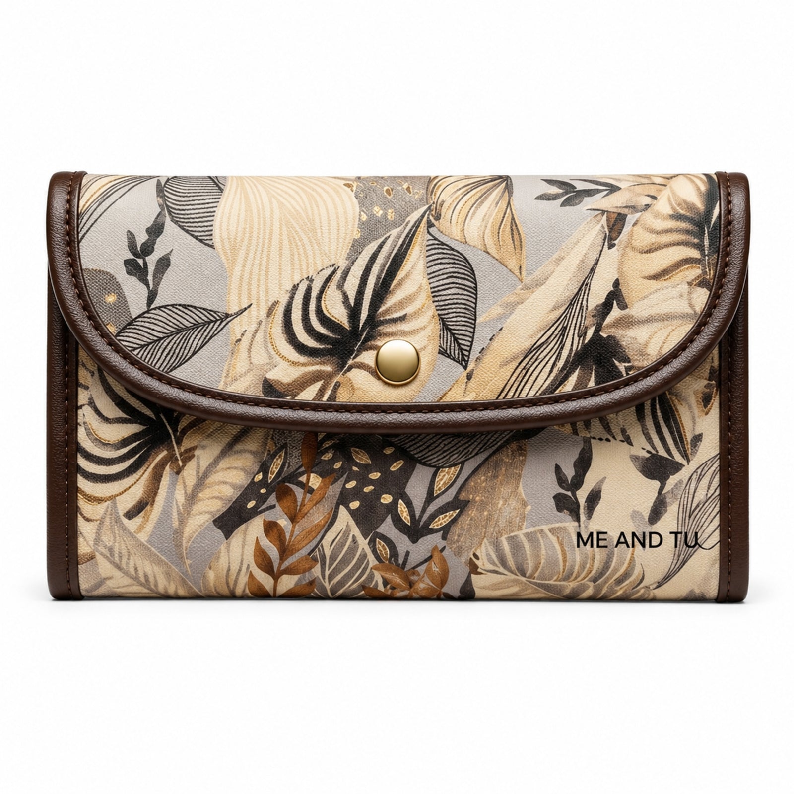 Women's Luxury Tropical Leaf Print Cream Envelope Clutch Wallet with Leather Trim