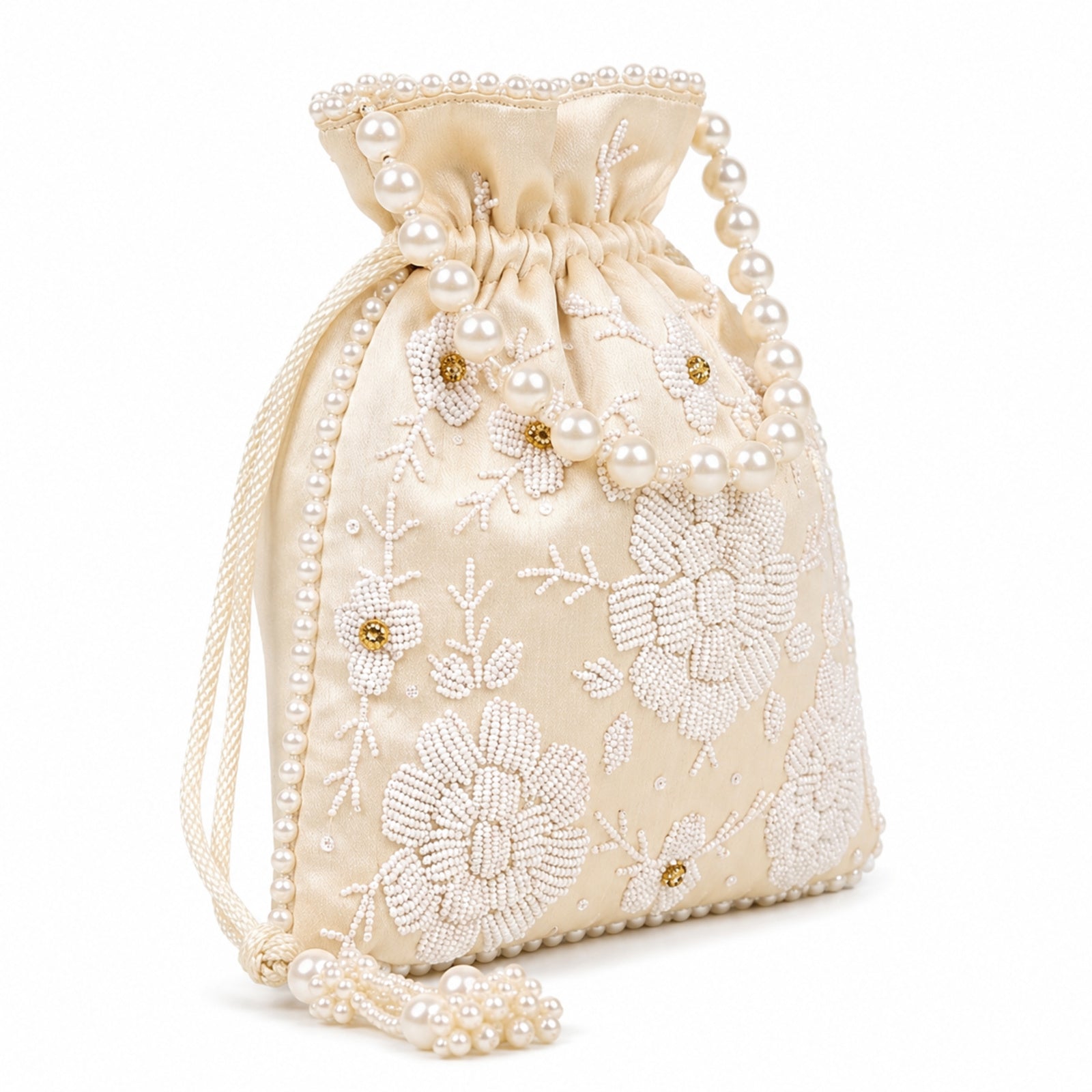 Women's Luxury Cream Embroidered Potli Bag with Pearl Handle and Beaded Floral Clusters