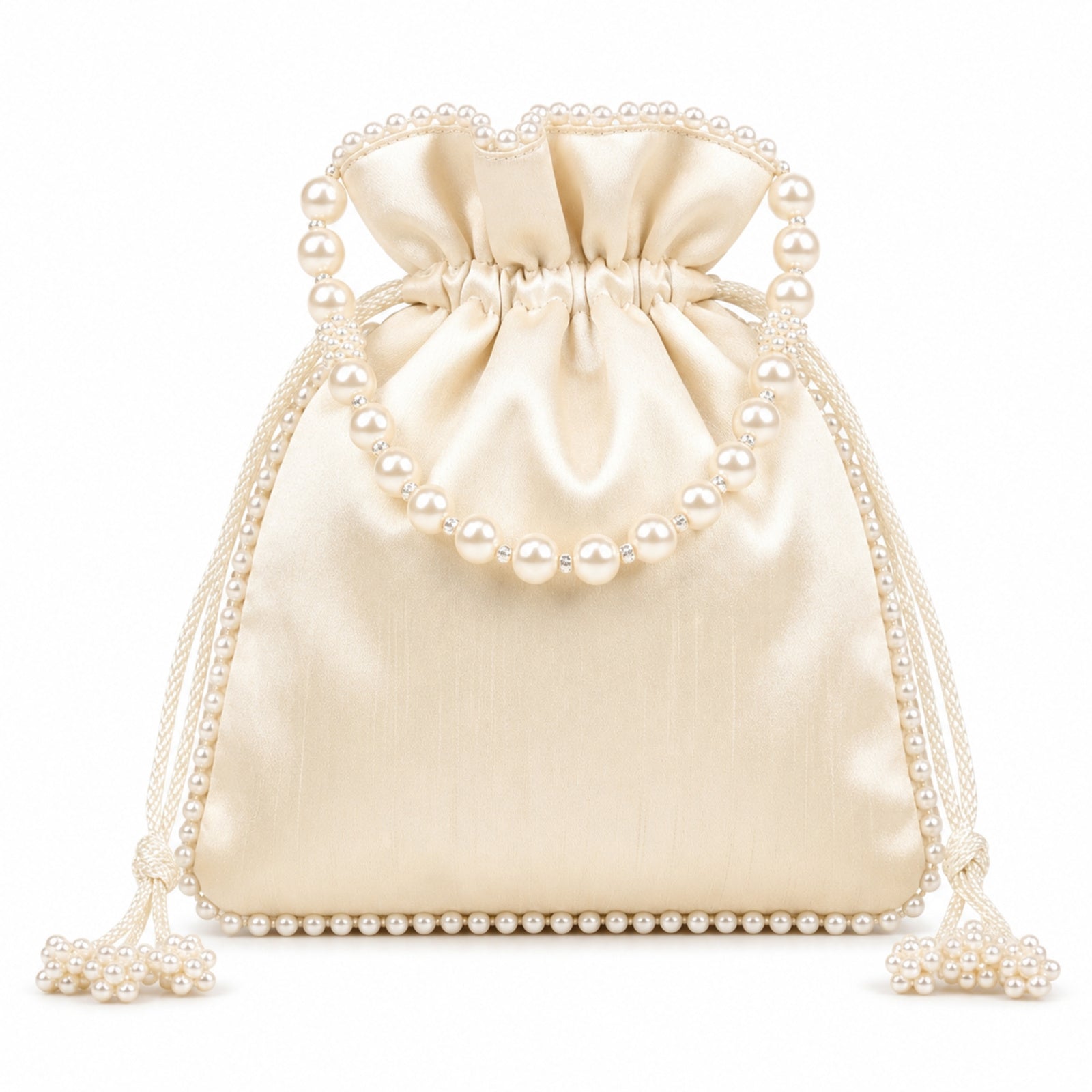 Women's Luxury Cream Embroidered Potli Bag with Pearl Handle and Beaded Floral Clusters