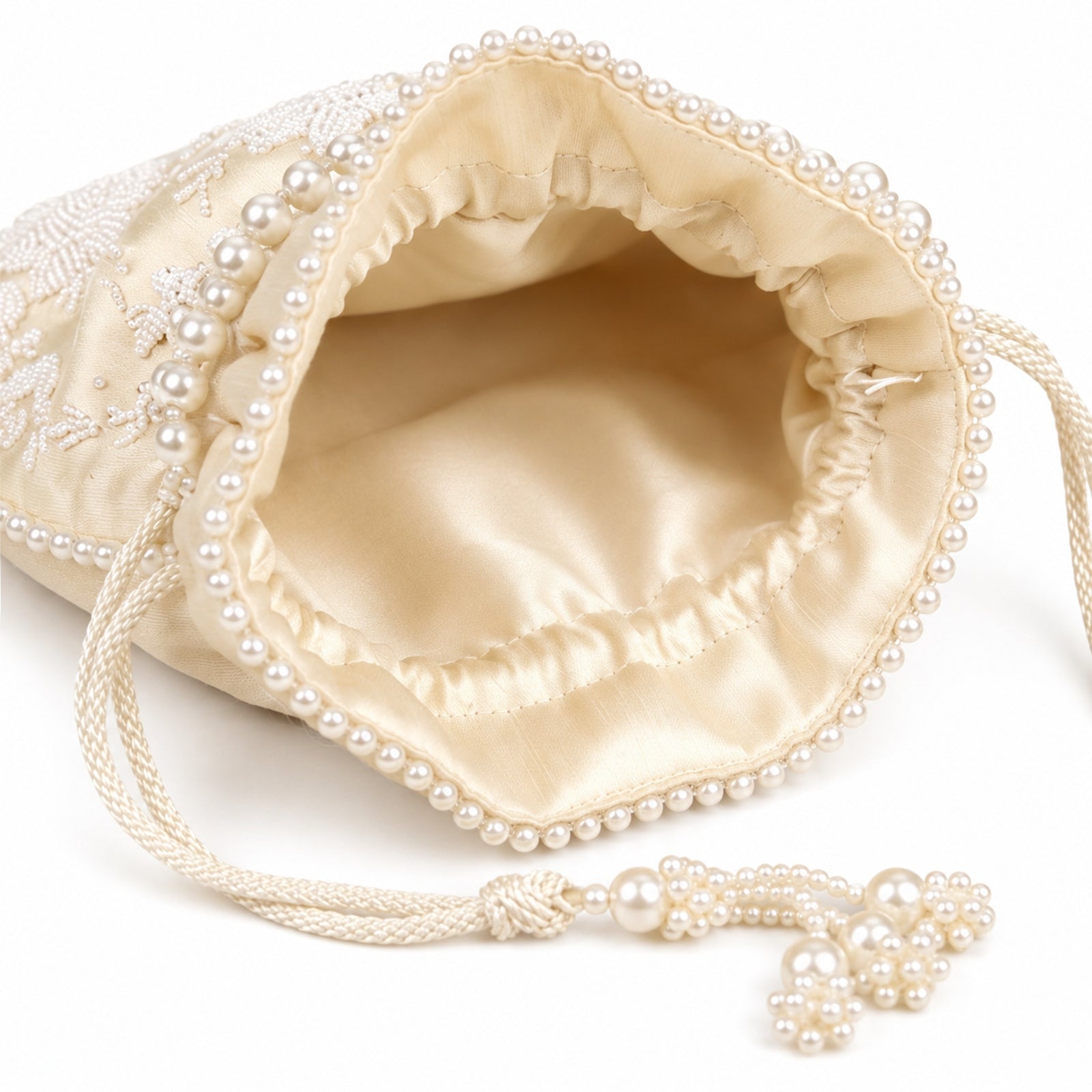 Women's Luxury Cream Embroidered Potli Bag with Pearl Handle and Beaded Floral Clusters