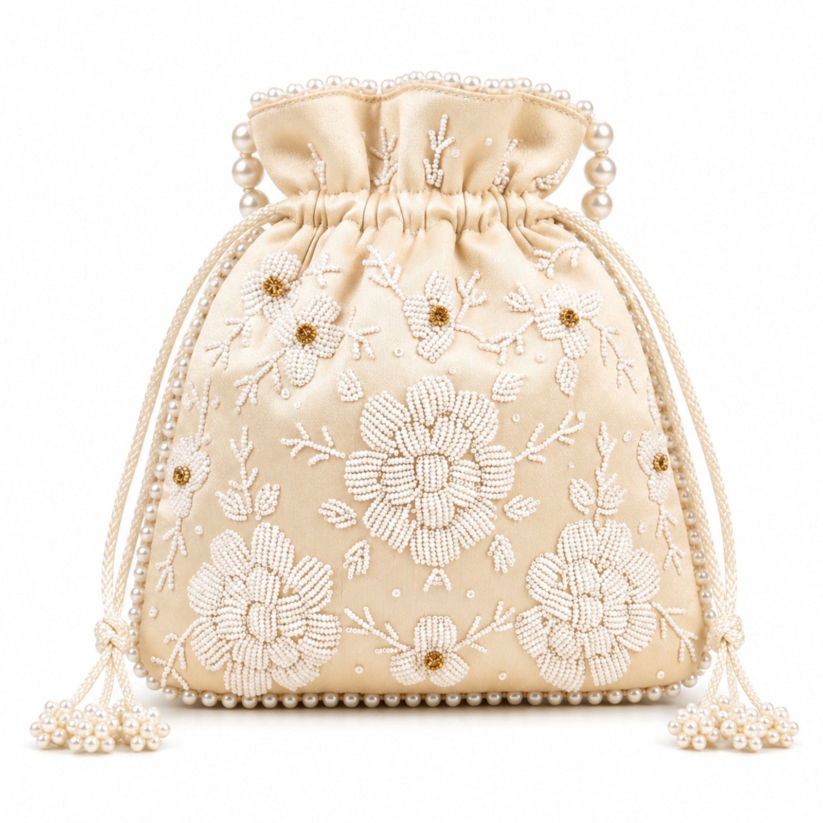 Women's Luxury Cream Embroidered Potli Bag with Pearl Handle and Beaded Floral Clusters