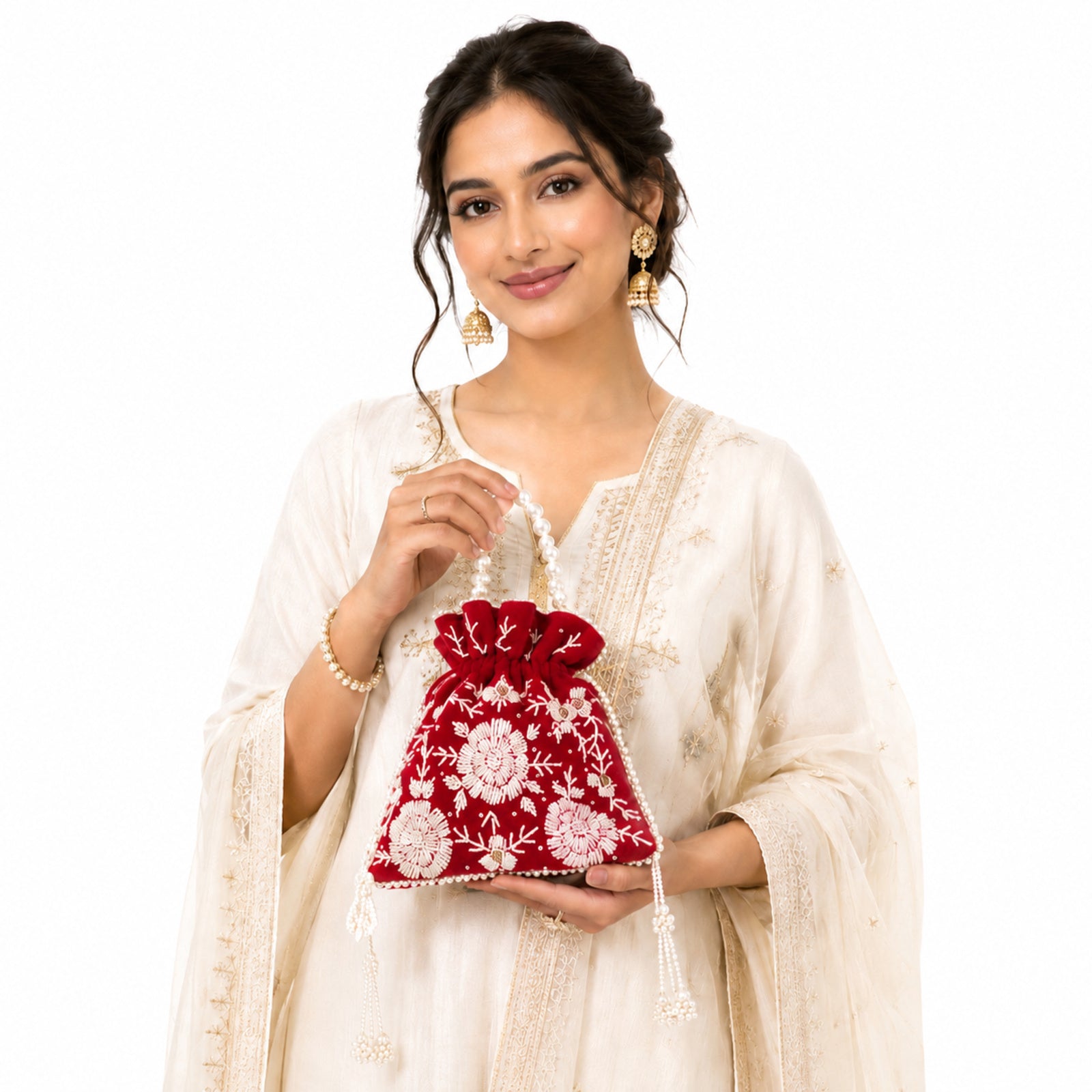 Women's Red Embroidered Potli Bag with Pearl Handle