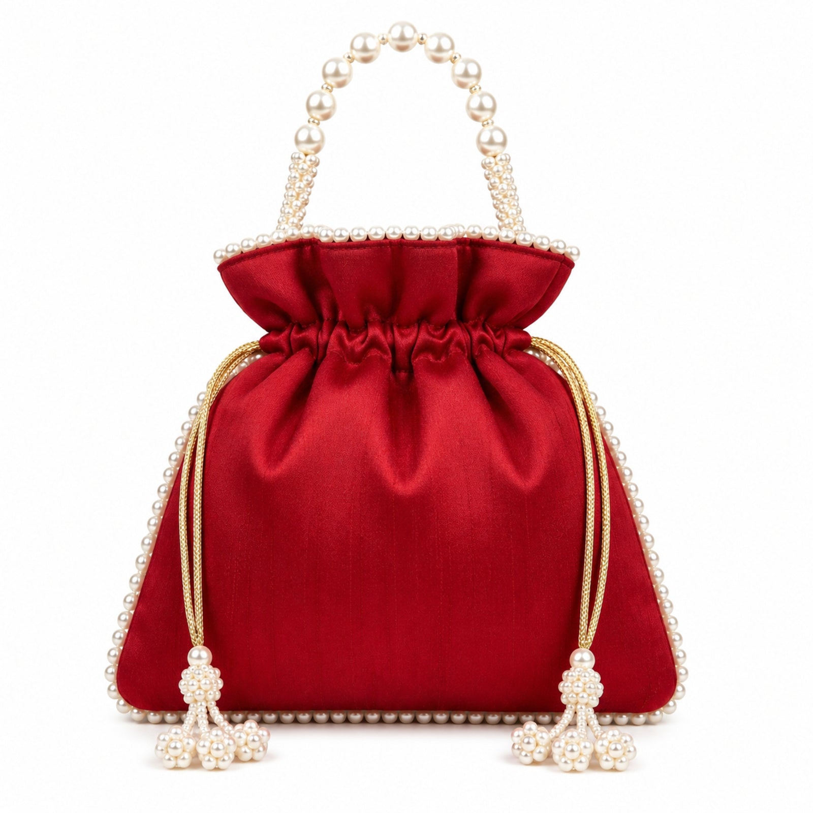 Women's Red Embroidered Potli Bag with Pearl Handle