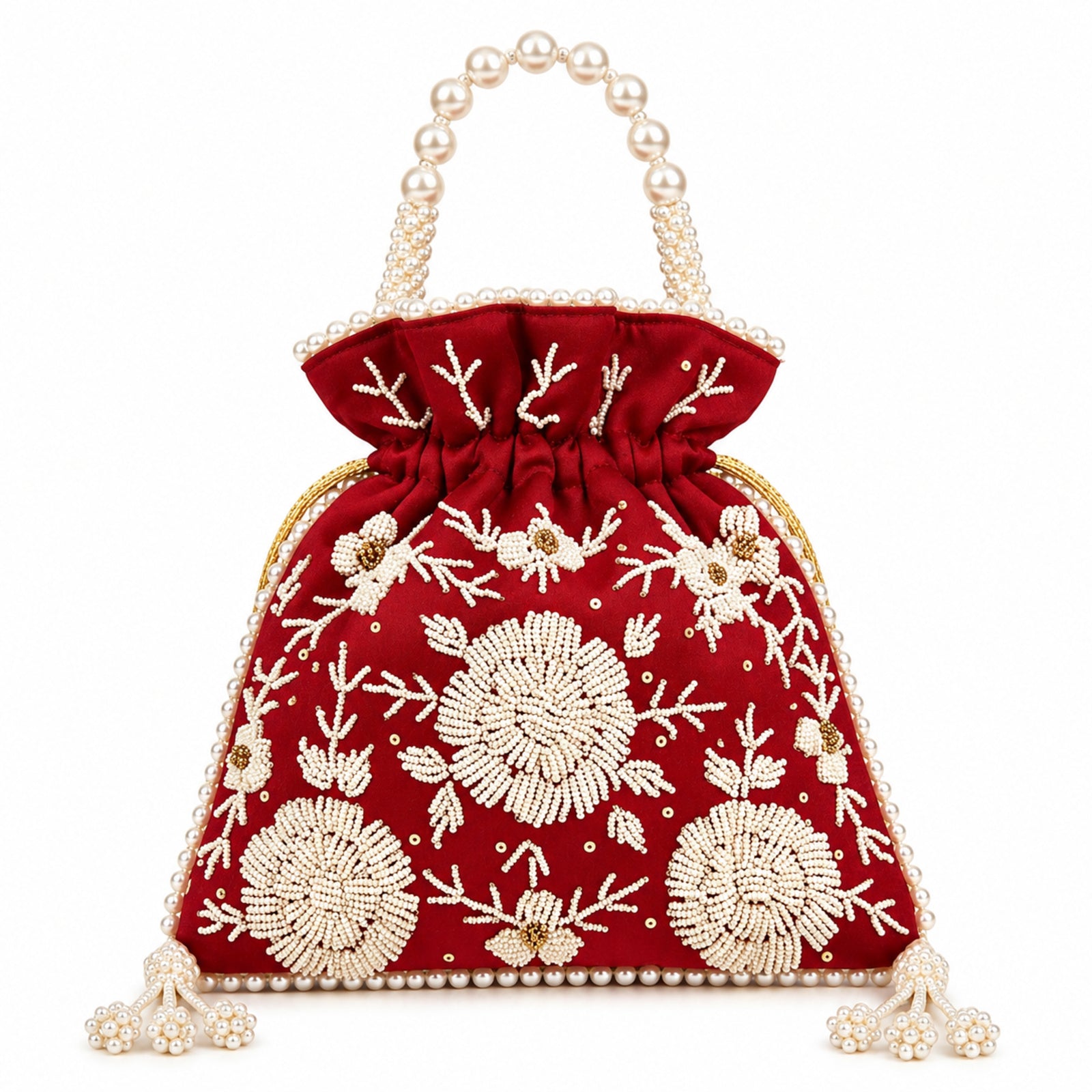 Women's Red Embroidered Potli Bag with Pearl Handle