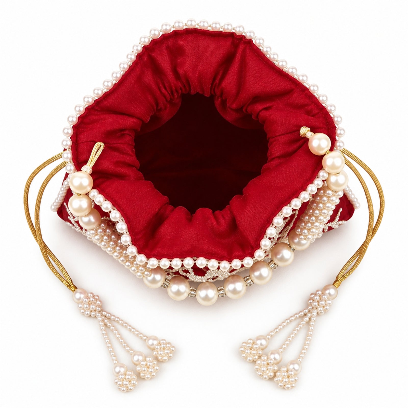 Women's Red Embroidered Potli Bag with Pearl Handle