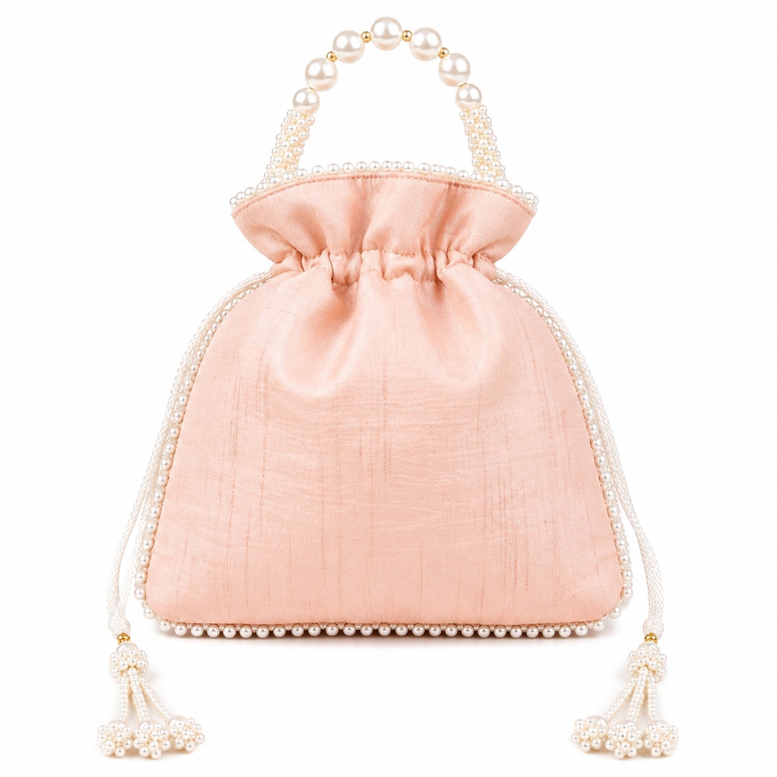 Women's Peach Embroidered Potli Bag with Pearl Handle