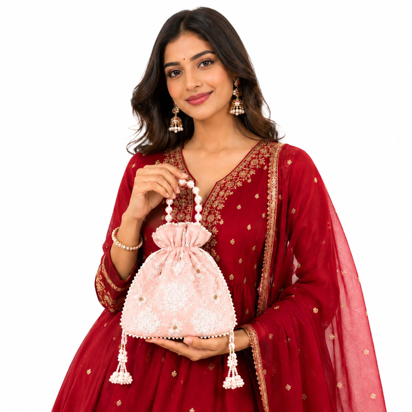 Women's Peach Embroidered Potli Bag with Pearl Handle
