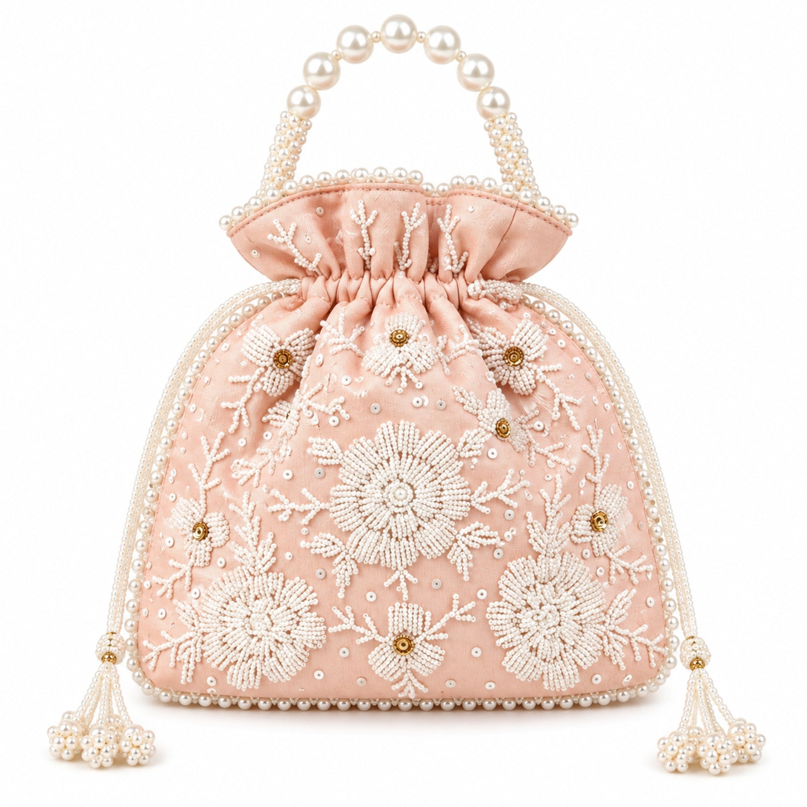 Women's Peach Embroidered Potli Bag with Pearl Handle
