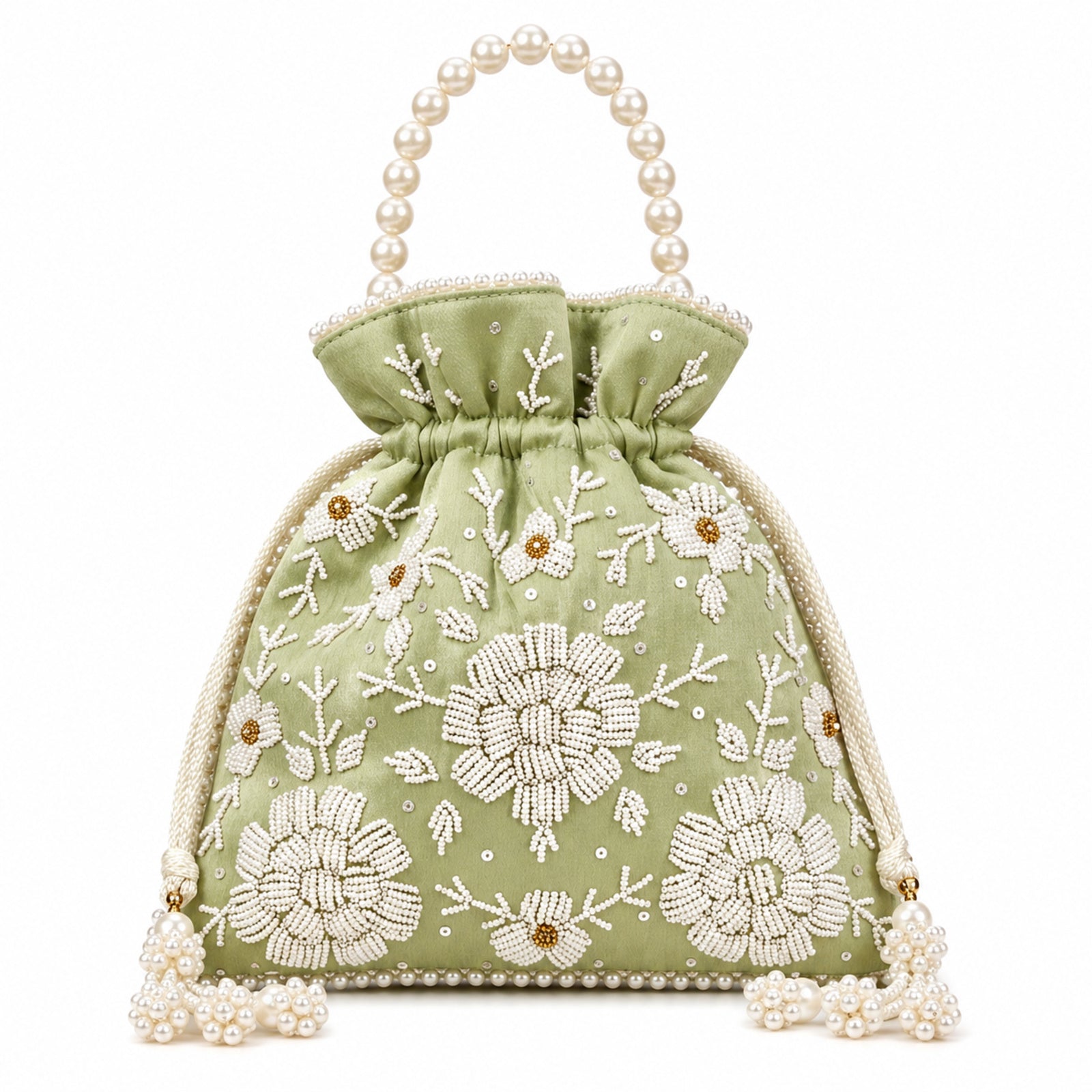 Women's Luxury Mint Pista Green Embroidered Potli Bag with Pearl Handle and Beaded Floral Clusters