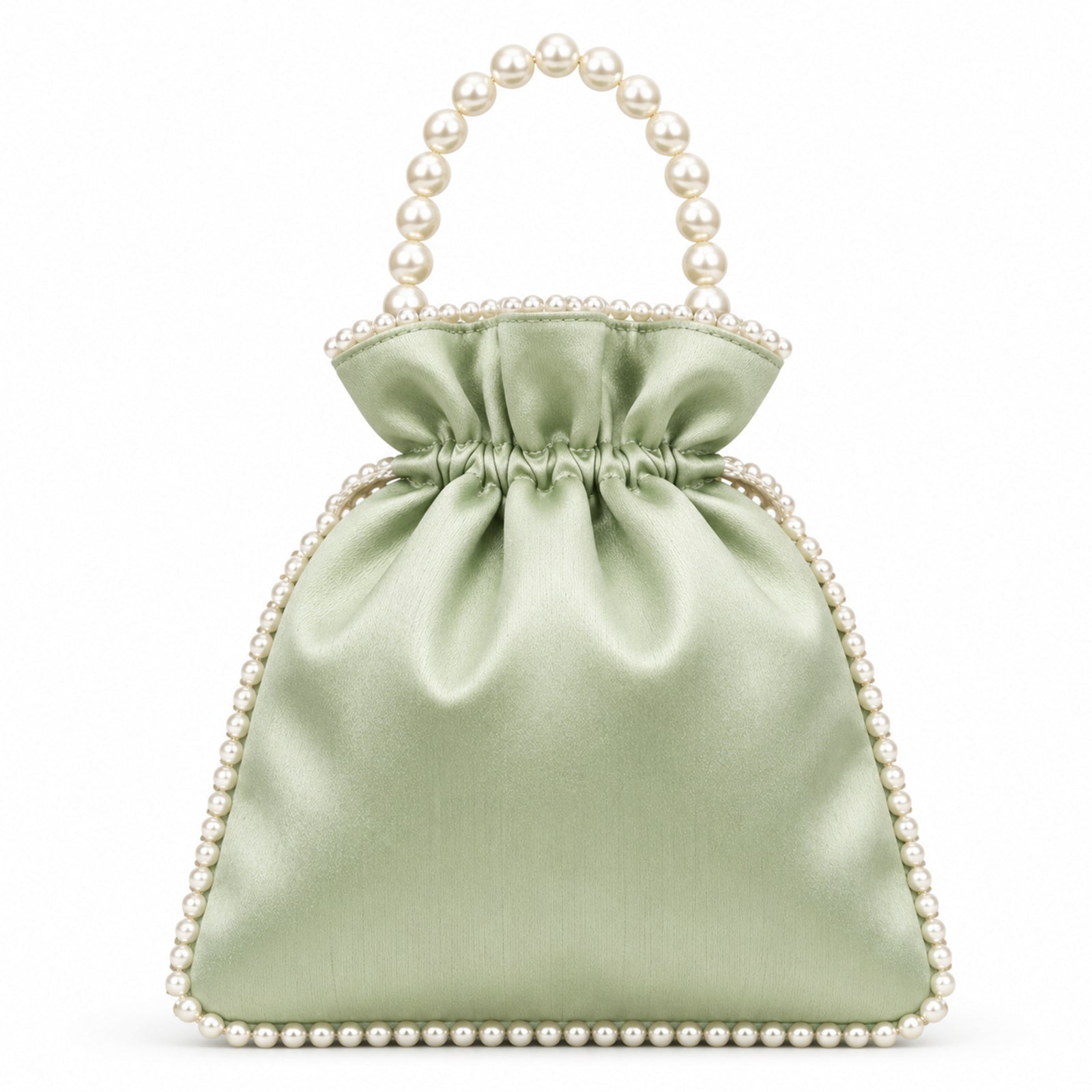 Women's Luxury Mint Pista Green Embroidered Potli Bag with Pearl Handle and Beaded Floral Clusters