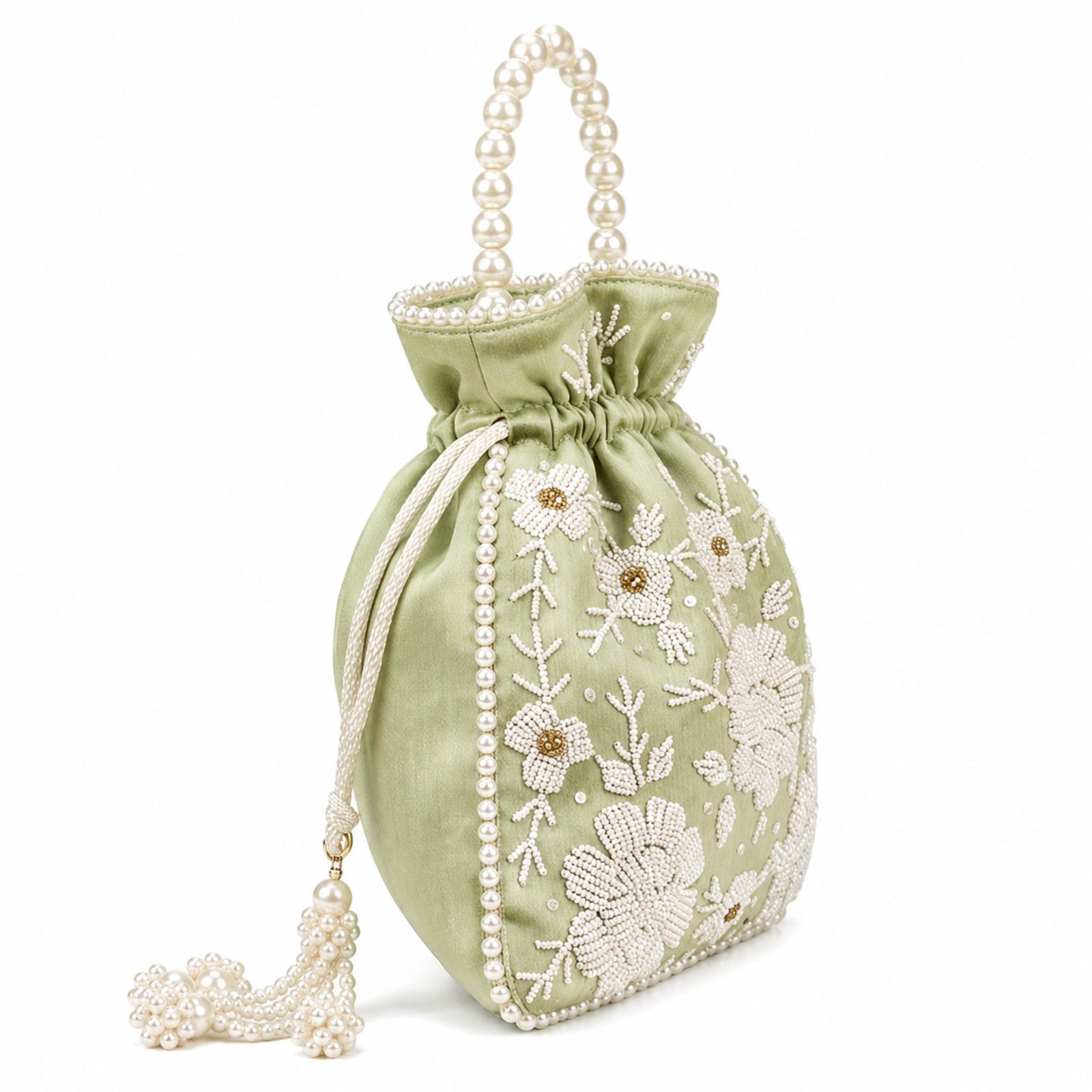 Women's Luxury Mint Pista Green Embroidered Potli Bag with Pearl Handle and Beaded Floral Clusters