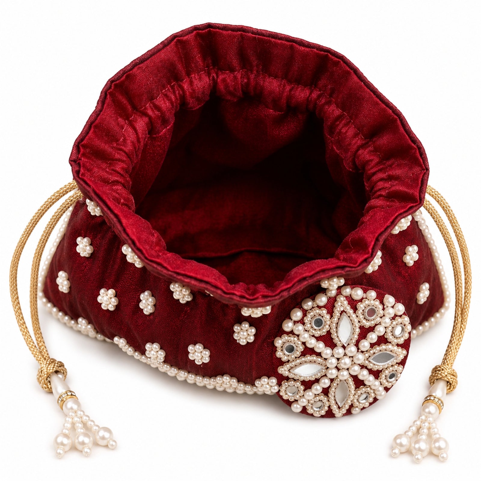 Women's Maroon Embroidered Potli Bag with Pearl Handle
