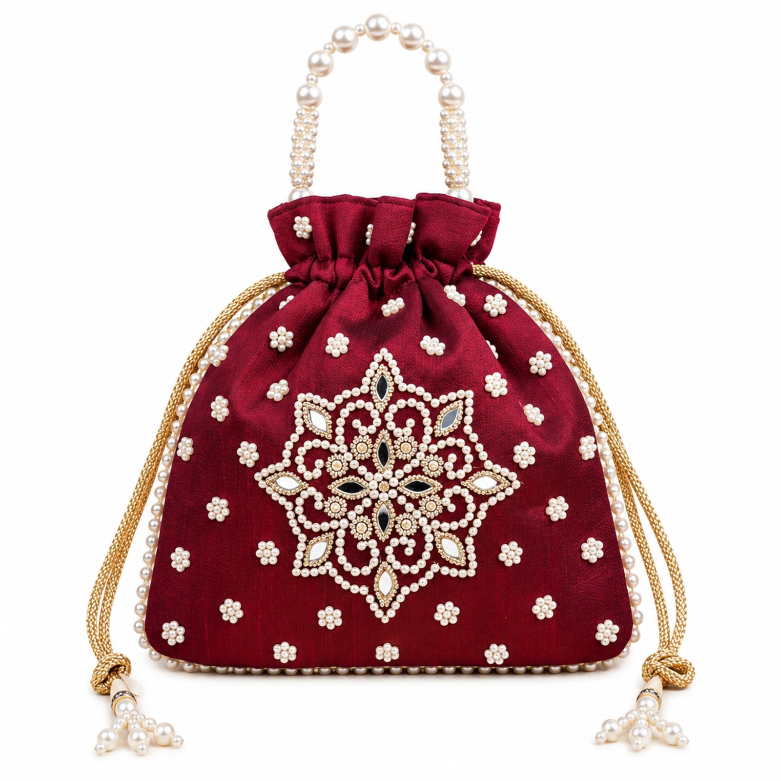 Women's Maroon Embroidered Potli Bag with Pearl Handle