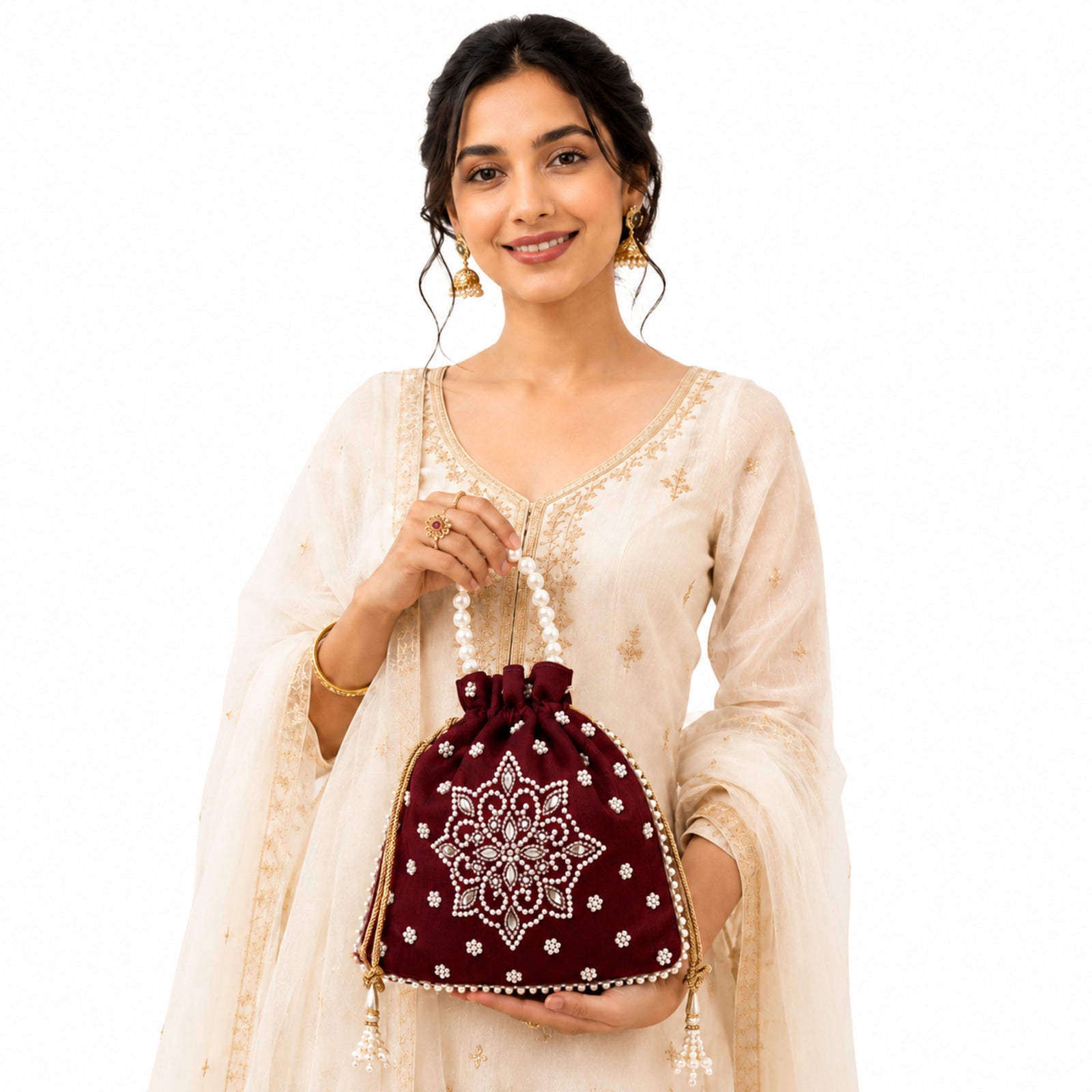Women's Maroon Embroidered Potli Bag with Pearl Handle