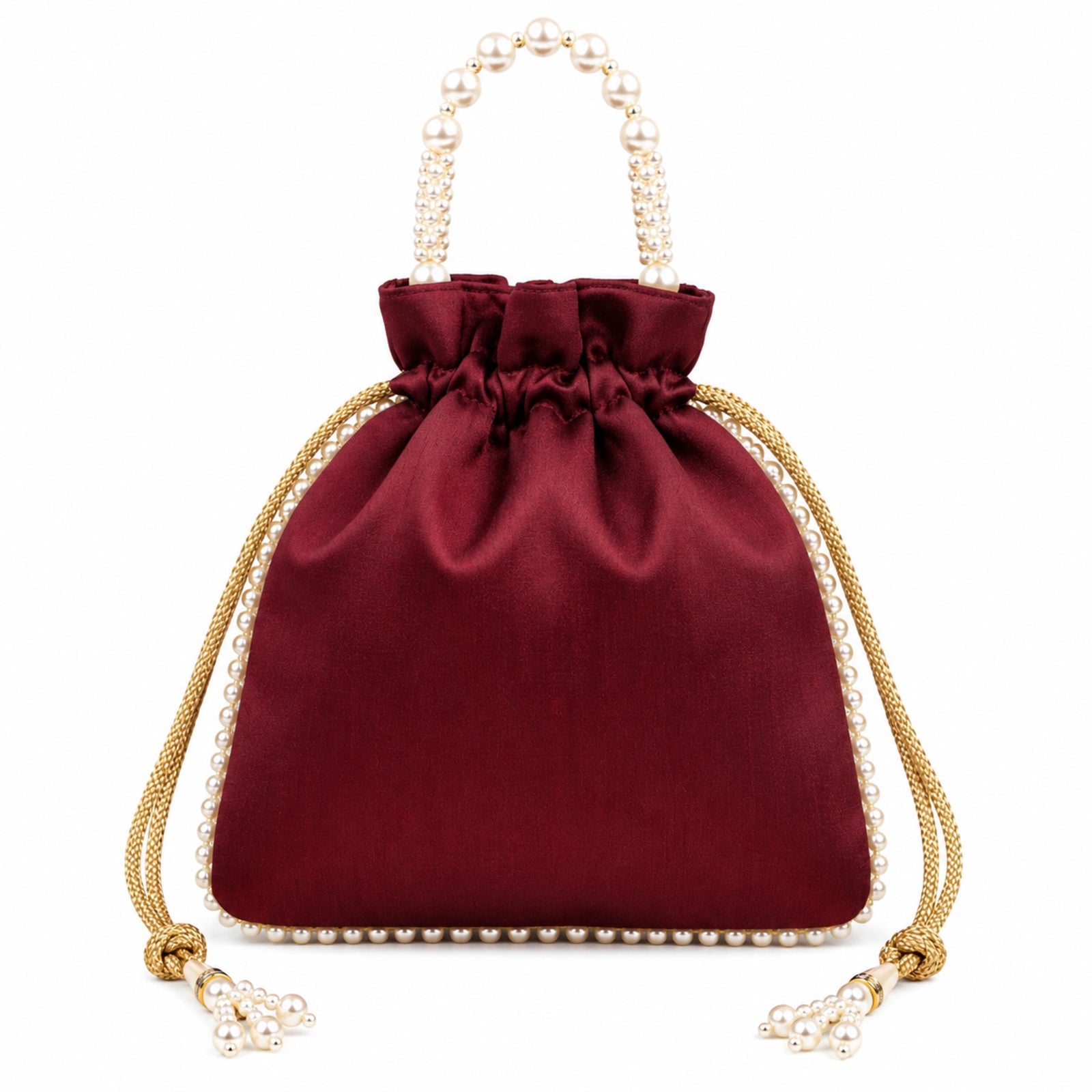 Women's Maroon Embroidered Potli Bag with Pearl Handle