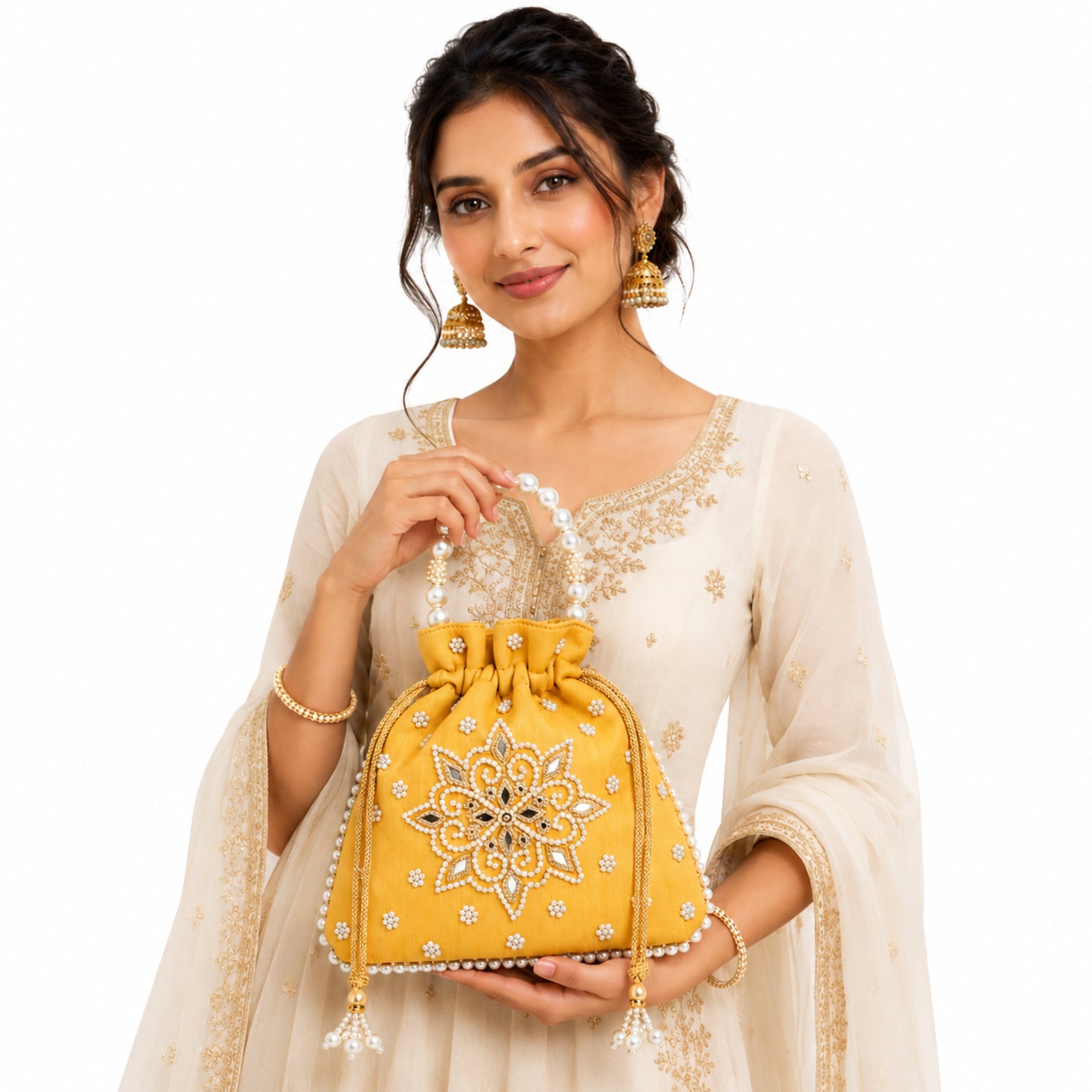 Women's Yellow Embroidered Potli Bag with Pearl Handle