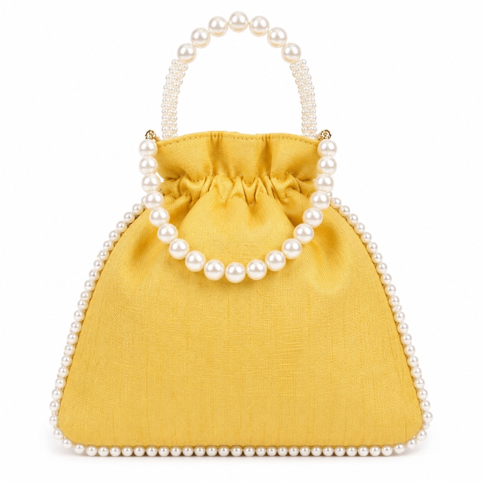 Women's Yellow Embroidered Potli Bag with Pearl Handle