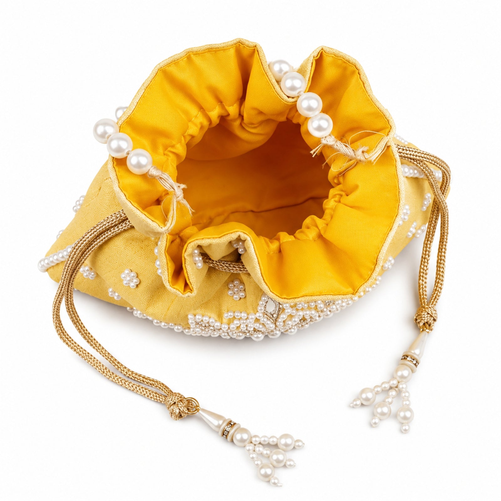 Women's Yellow Embroidered Potli Bag with Pearl Handle
