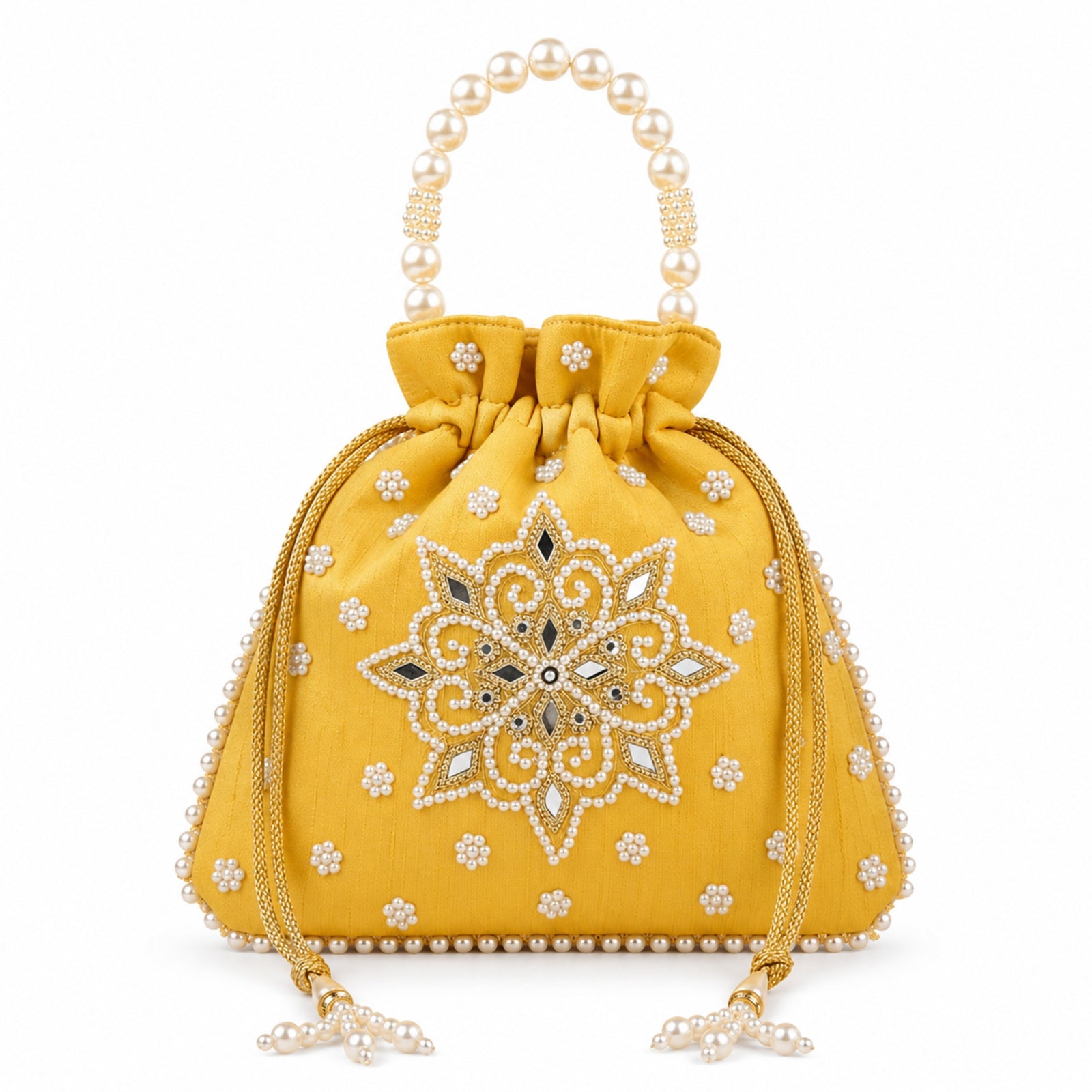 Women's Yellow Embroidered Potli Bag with Pearl Handle