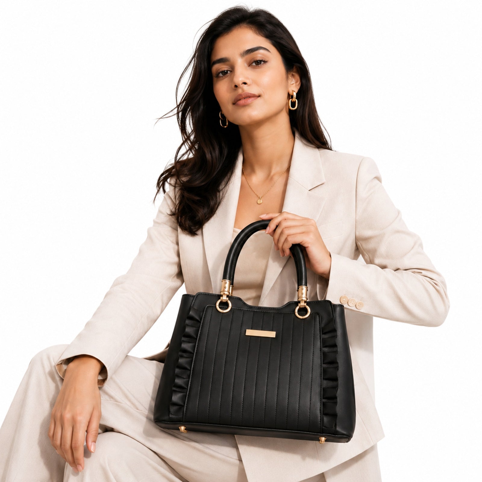 Women's Black Quilted Structured Handbag with Gold-Tone Handle