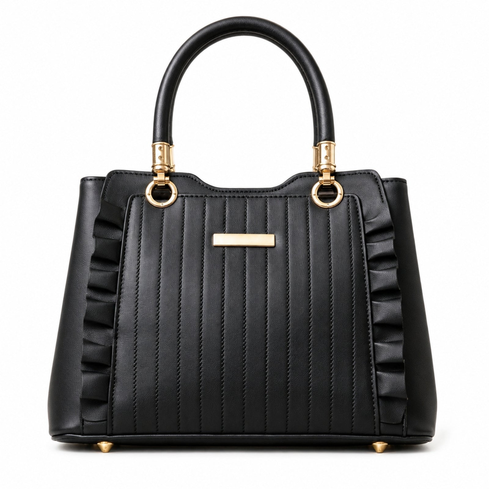 Women's Black Quilted Structured Handbag with Gold-Tone Handle
