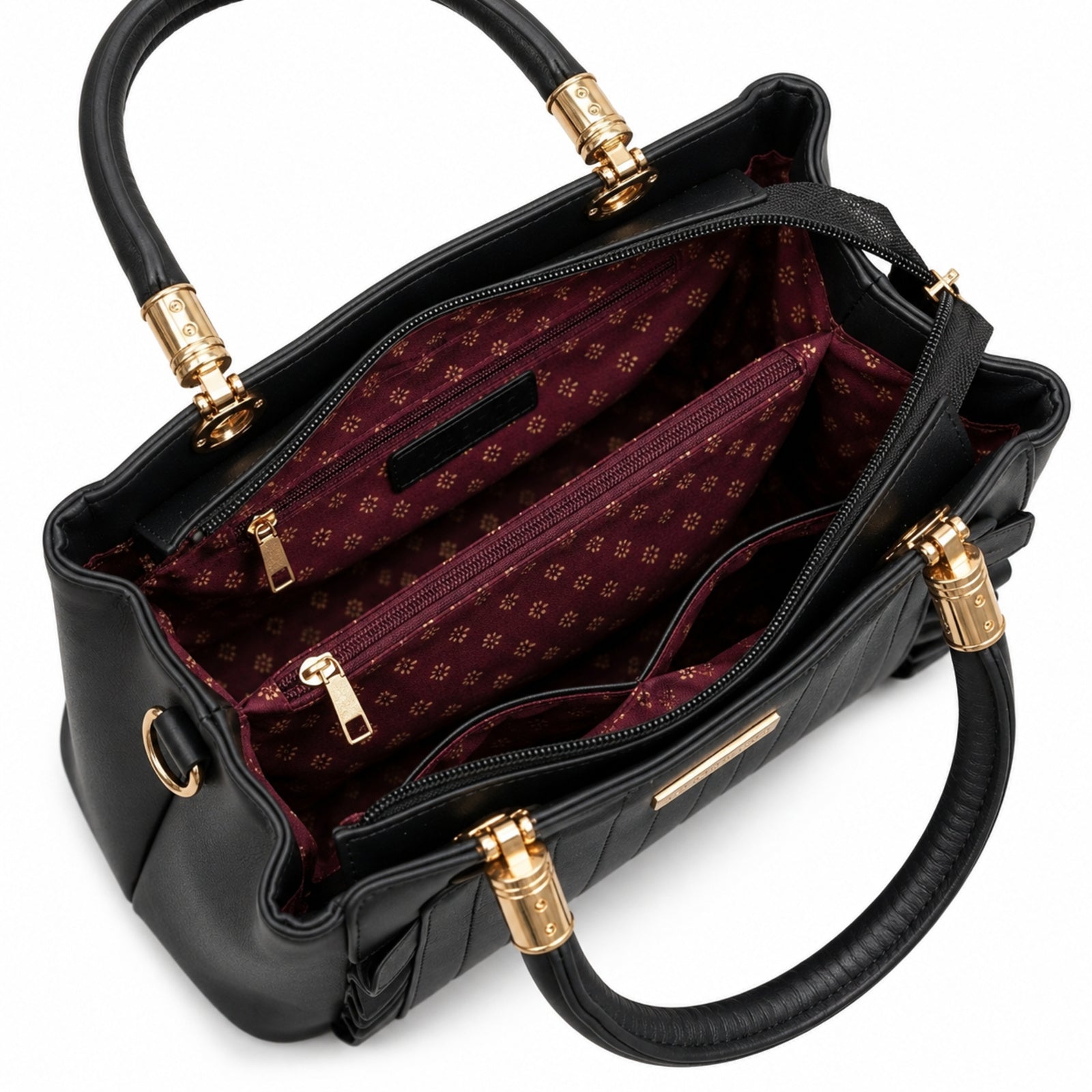 Women's Black Quilted Structured Handbag with Gold-Tone Handle