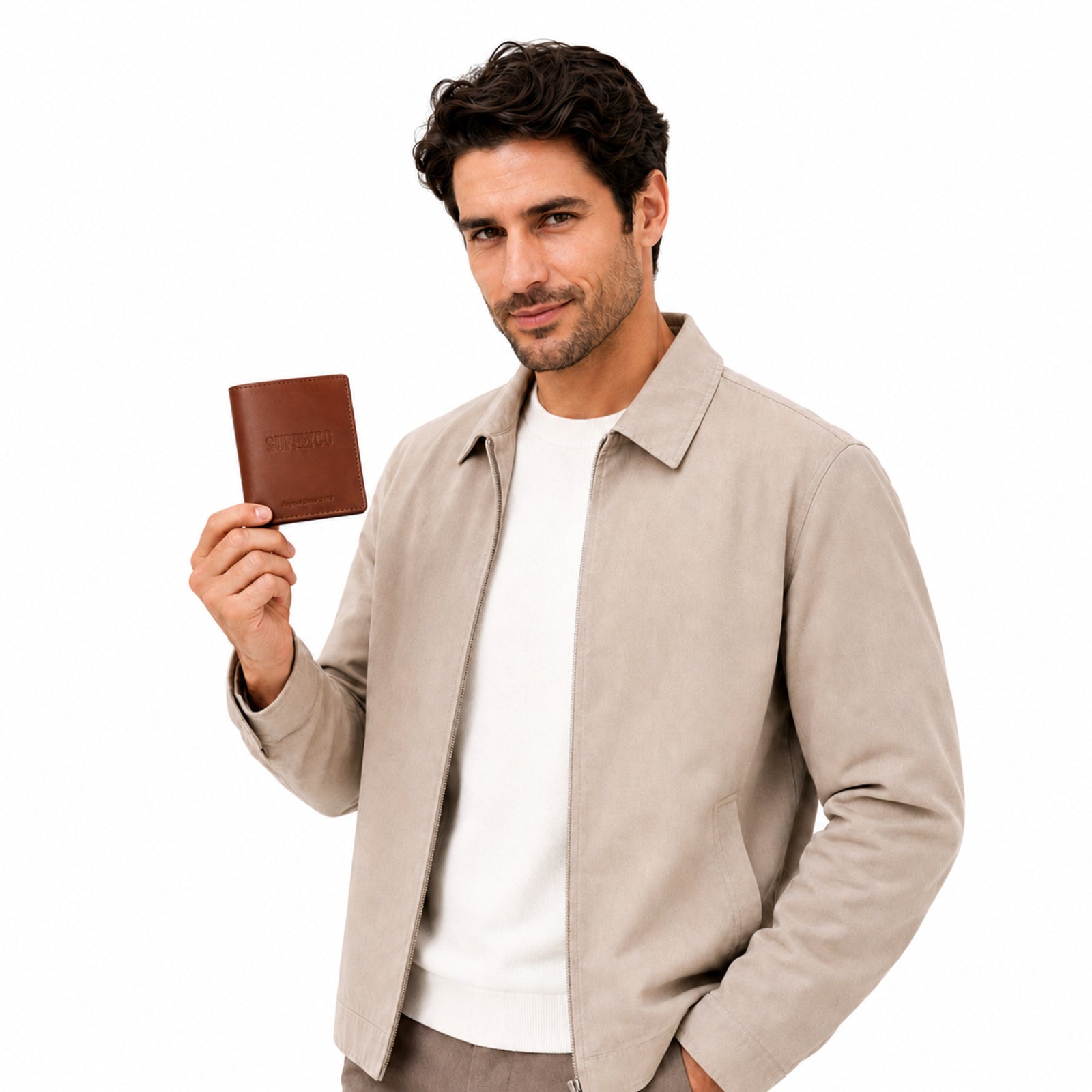 Men's Luxury Tan Leather Bifold Wallet with Embossed Brand Branding