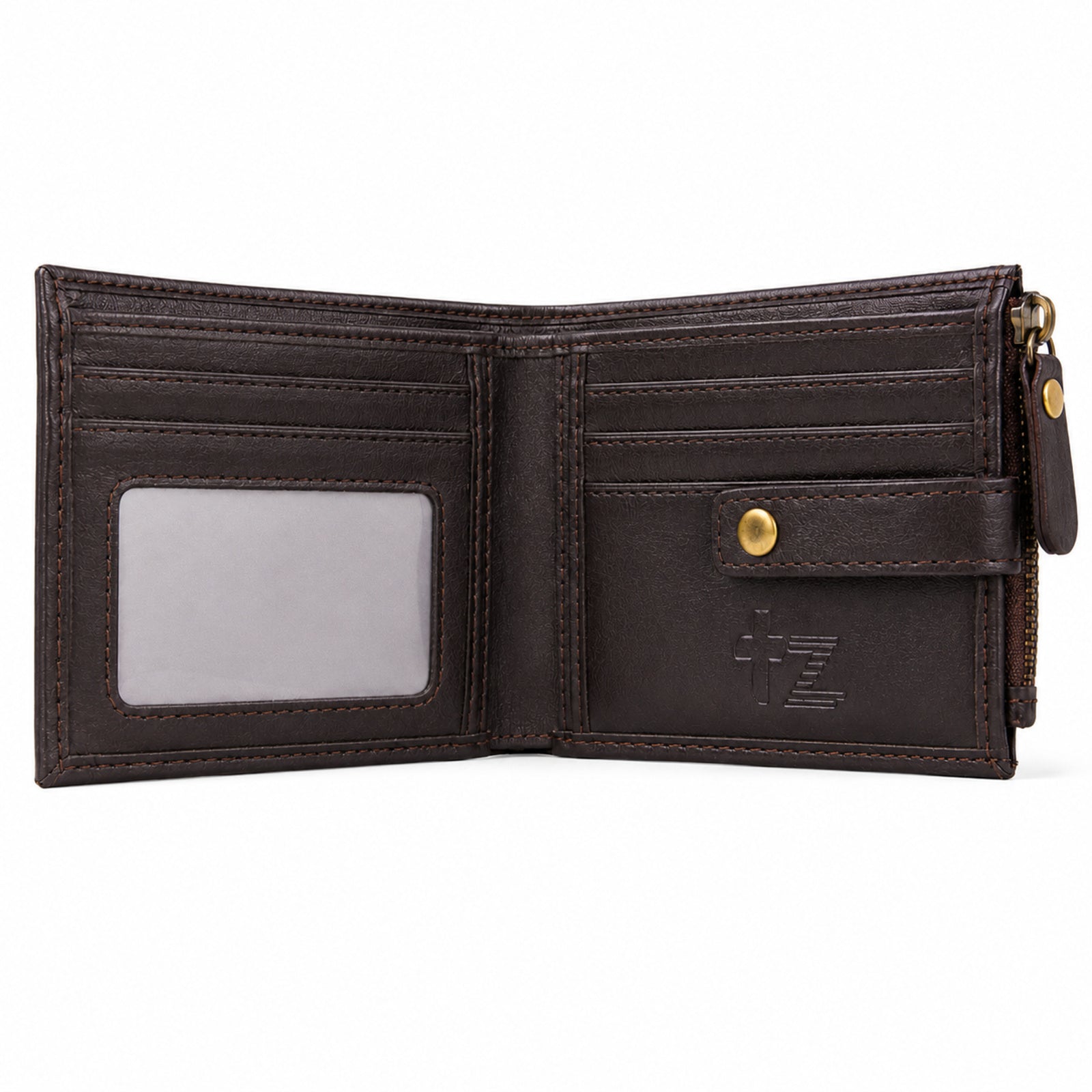 Men's Luxury Coffee Brown Leather Bi-fold Wallet with Snap Button and Zipper Pocket