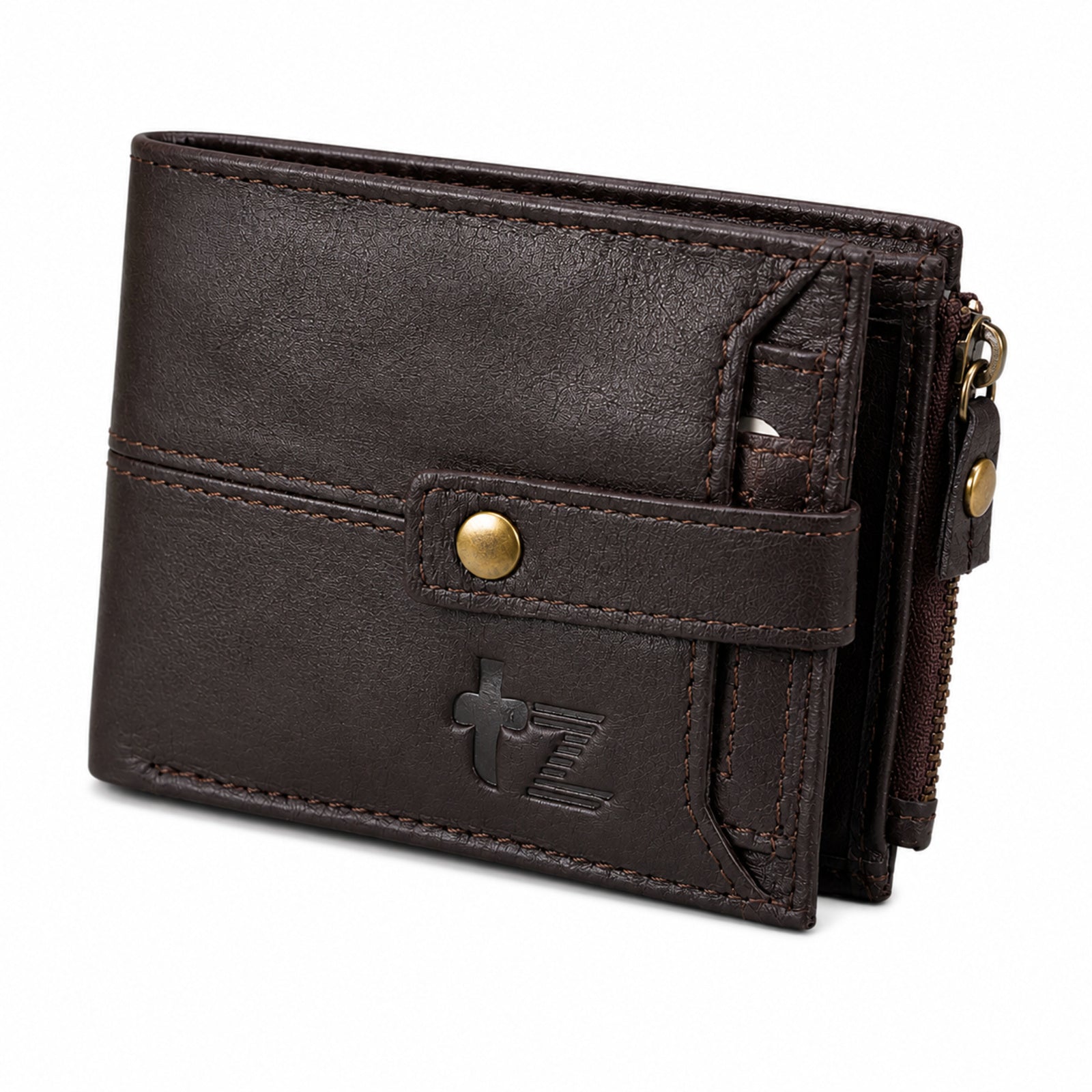 Men's Luxury Coffee Brown Leather Bi-fold Wallet with Snap Button and Zipper Pocket