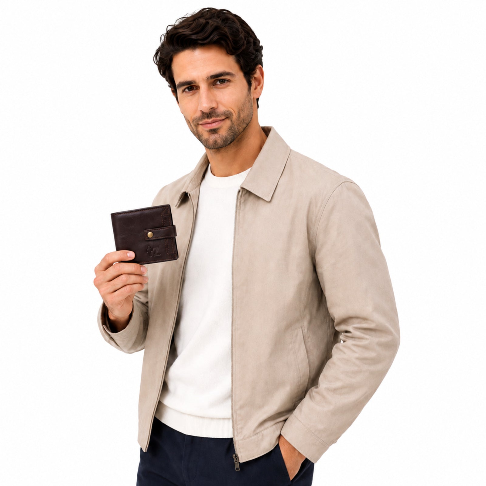 Men's Luxury Coffee Brown Leather Bi-fold Wallet with Snap Button and Zipper Pocket