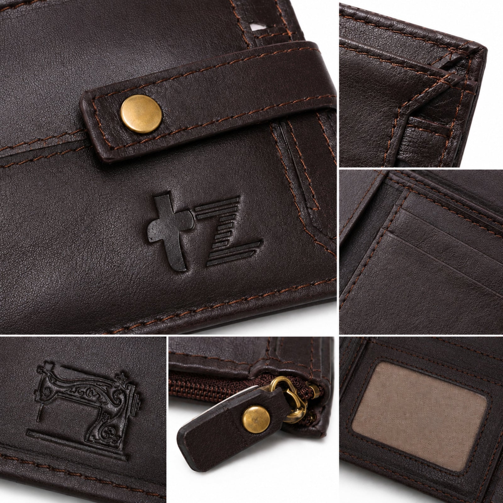Men's Luxury Coffee Brown Leather Bi-fold Wallet with Snap Button and Zipper Pocket