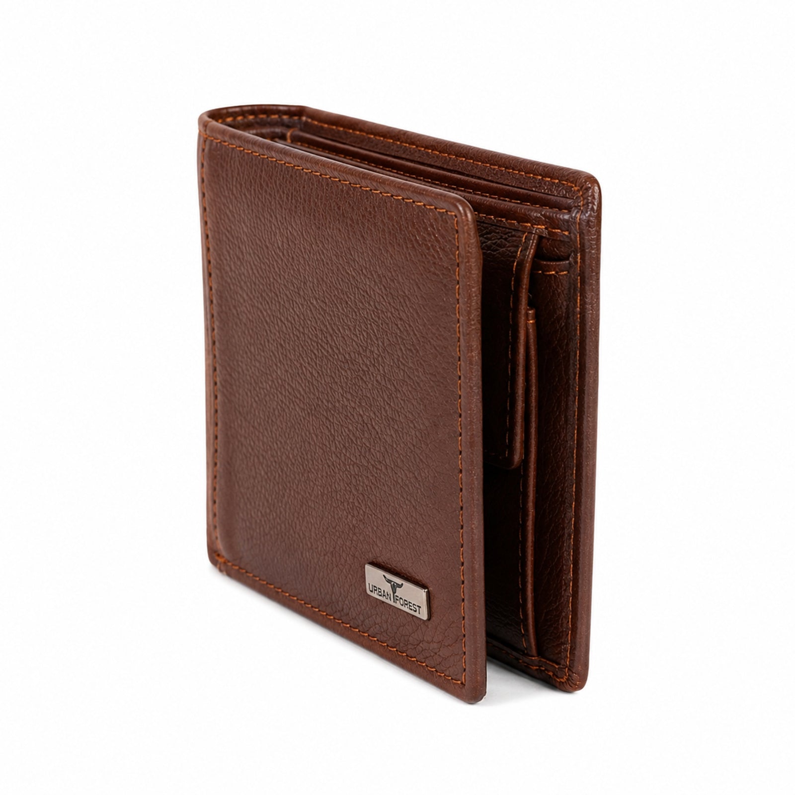 Unisex Luxury Grained Brown Leather Bifold Wallet with Metallic Logo Accent