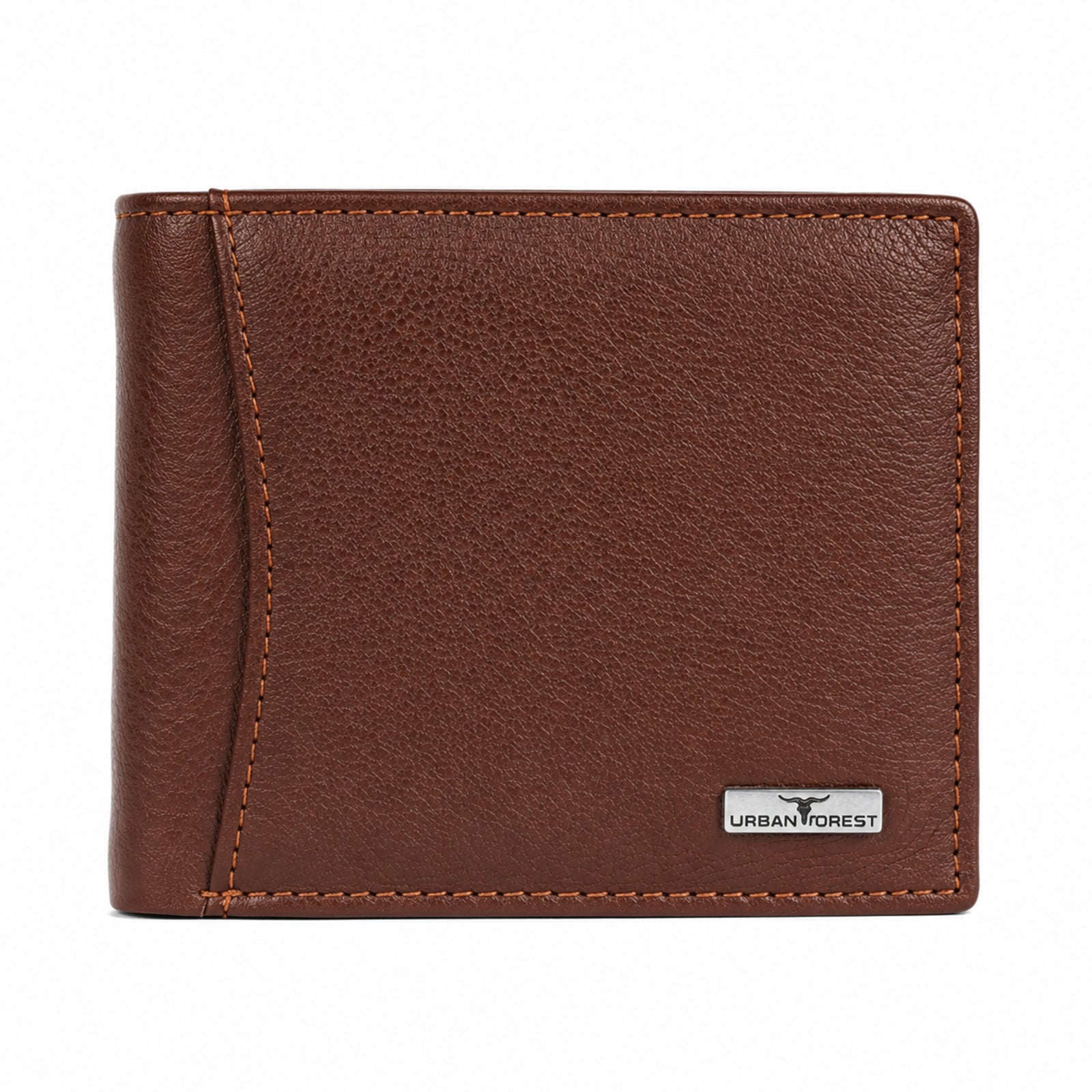 Unisex Luxury Grained Brown Leather Bifold Wallet with Metallic Logo Accent