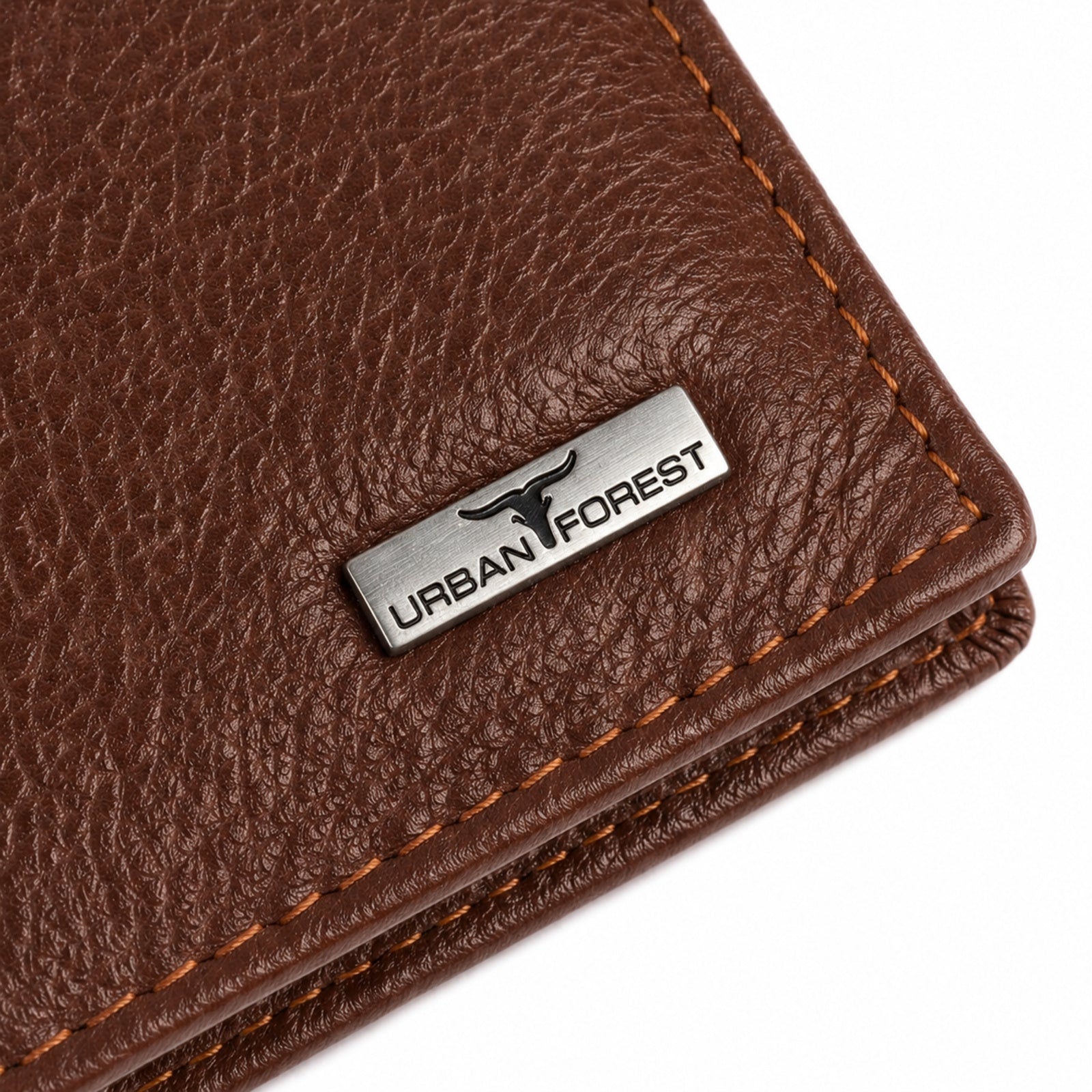 Unisex Luxury Grained Brown Leather Bifold Wallet with Metallic Logo Accent