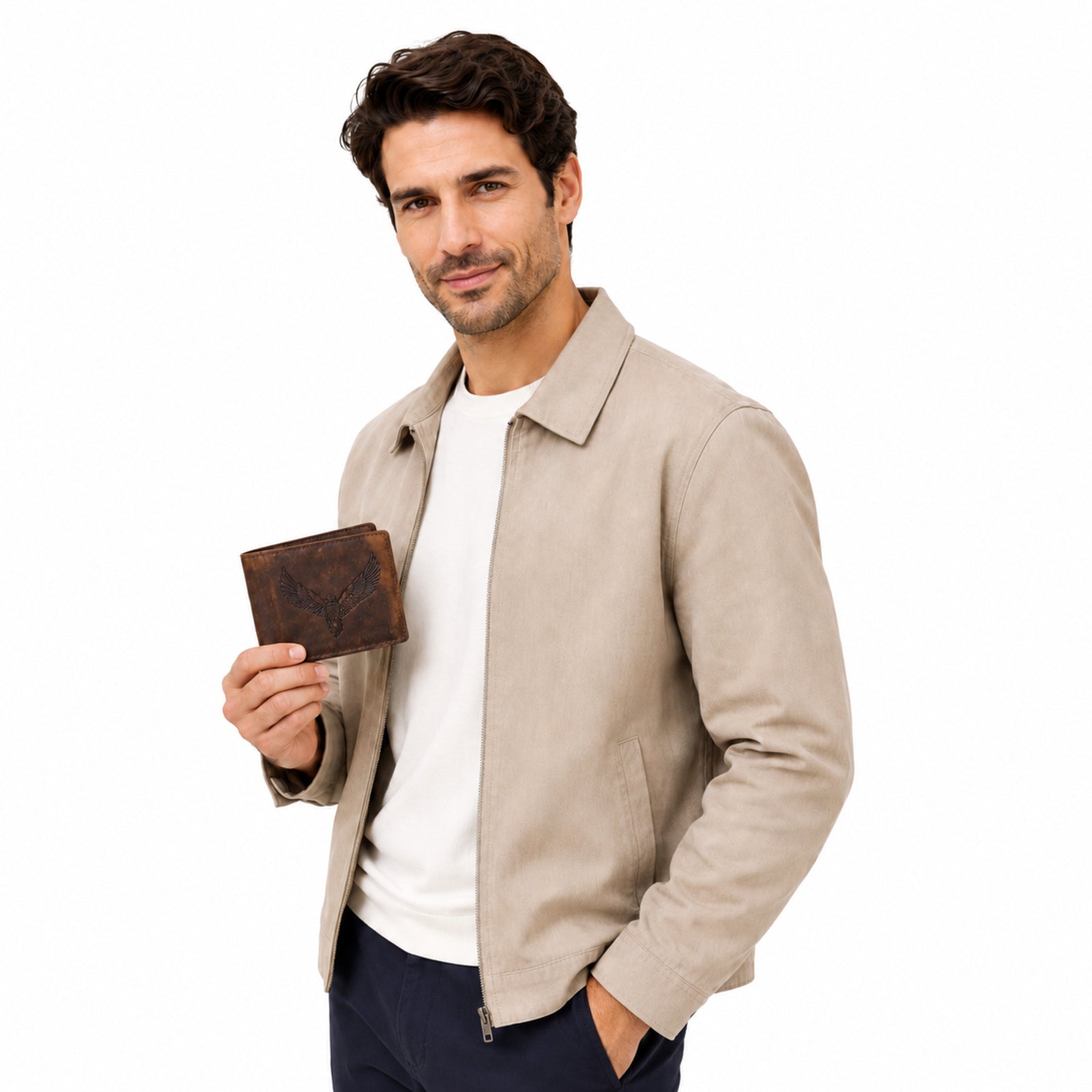 Men's Luxury Distressed Dark Brown Leather Bifold Wallet with Embossed Eagle Accent