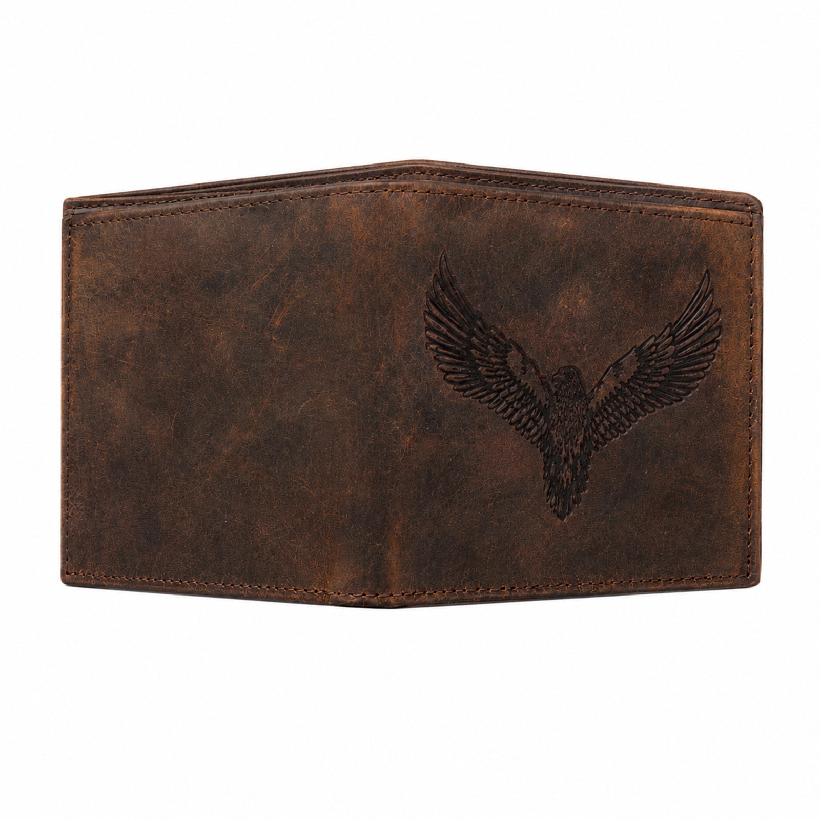 Men's Luxury Distressed Dark Brown Leather Bifold Wallet with Embossed Eagle Accent