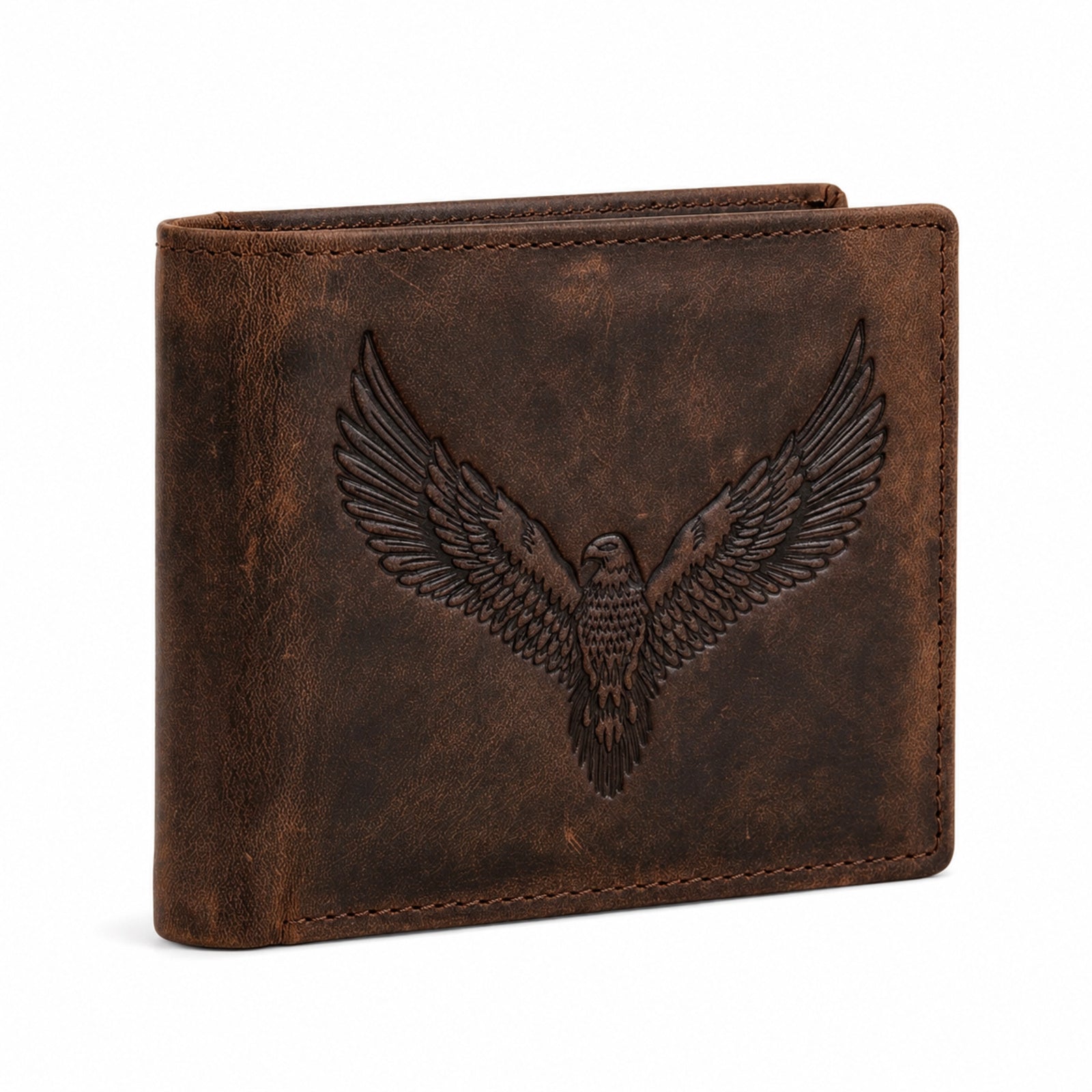 Men's Luxury Distressed Dark Brown Leather Bifold Wallet with Embossed Eagle Accent