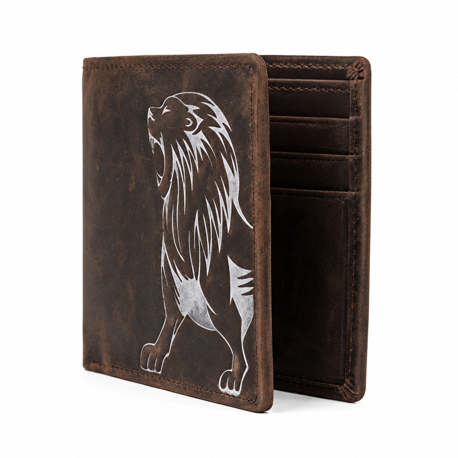Men's Genuine Leather Roaring Lion Engraved Bi-Fold Wallet