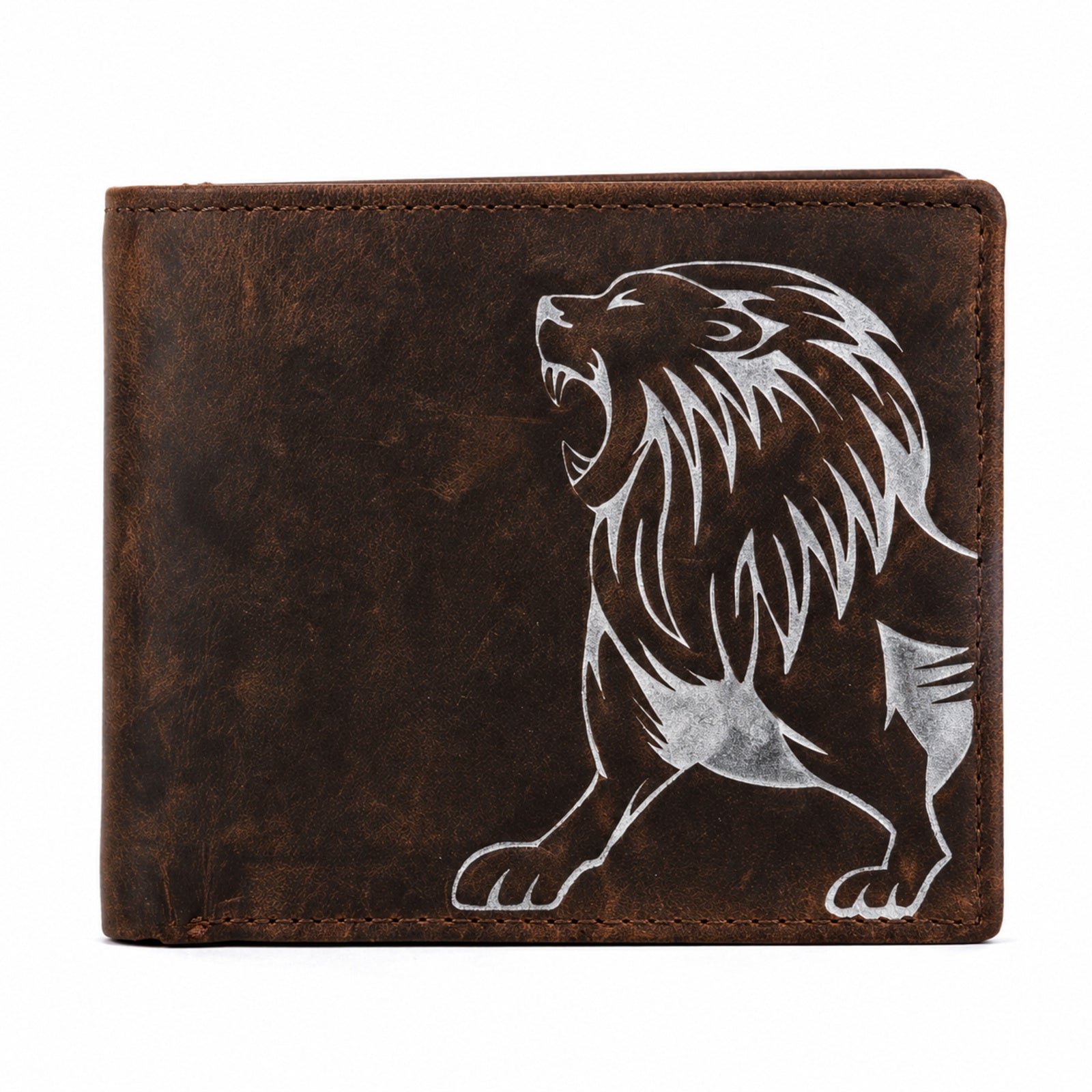 Men's Genuine Leather Roaring Lion Engraved Bi-Fold Wallet