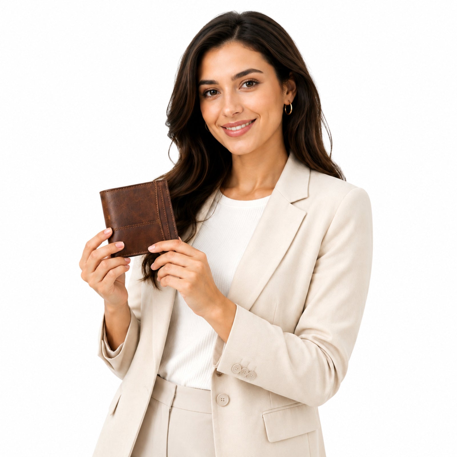 Women's Luxury Tan Brown Leather Vertical Trifold Wallet with Contrast Stitch Detail