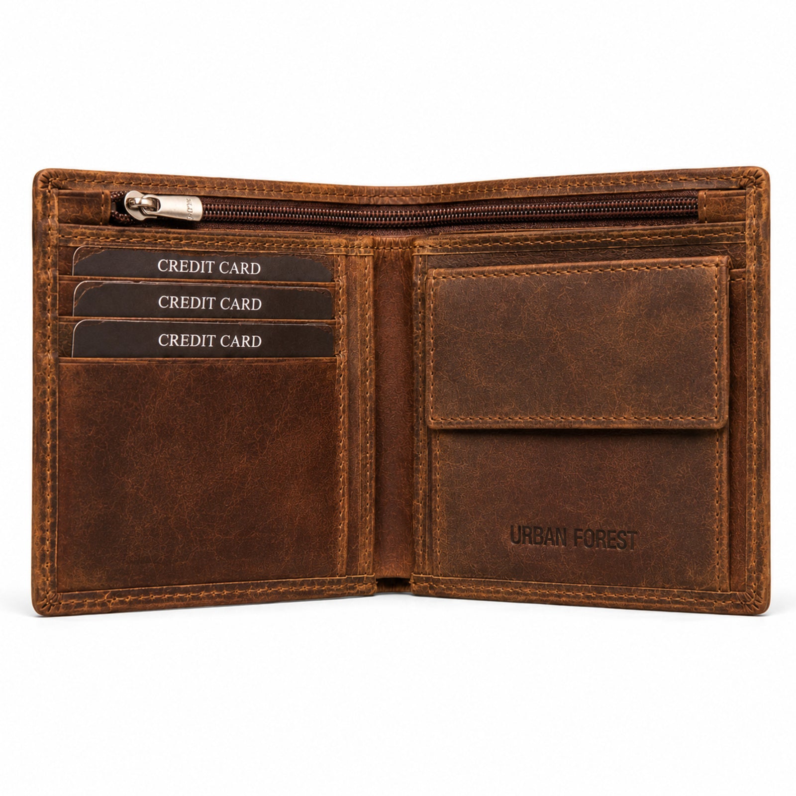 Women's Luxury Tan Brown Leather Vertical Trifold Wallet with Contrast Stitch Detail