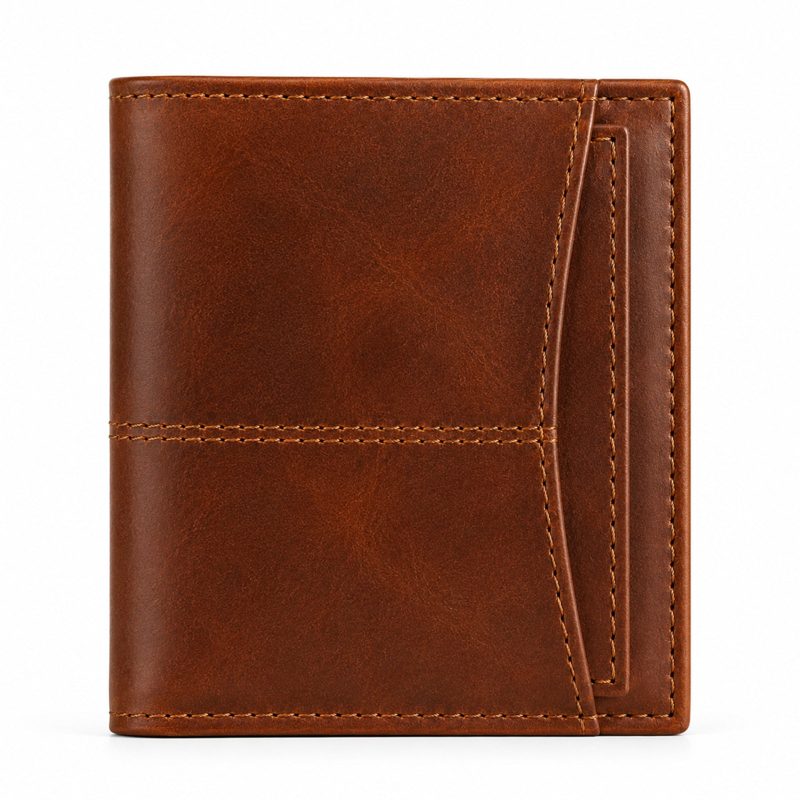 Women's Luxury Tan Brown Leather Vertical Trifold Wallet with Contrast Stitch Detail
